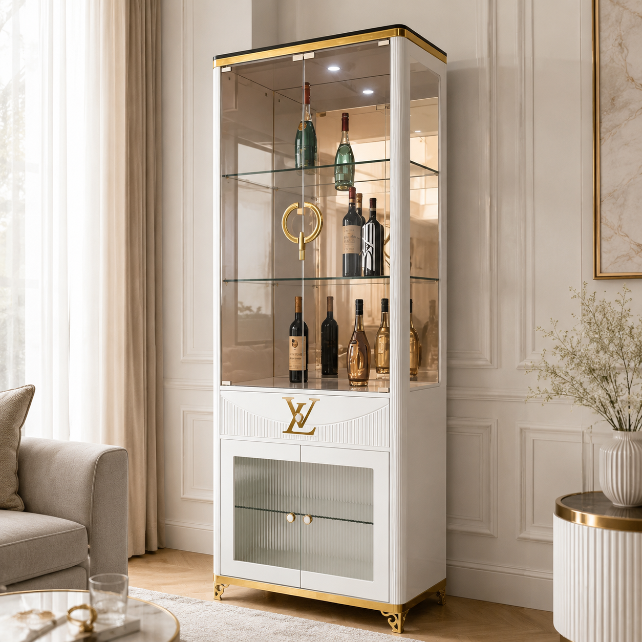 Tall White Display Wine Cabinet with Fluted Lower Doors