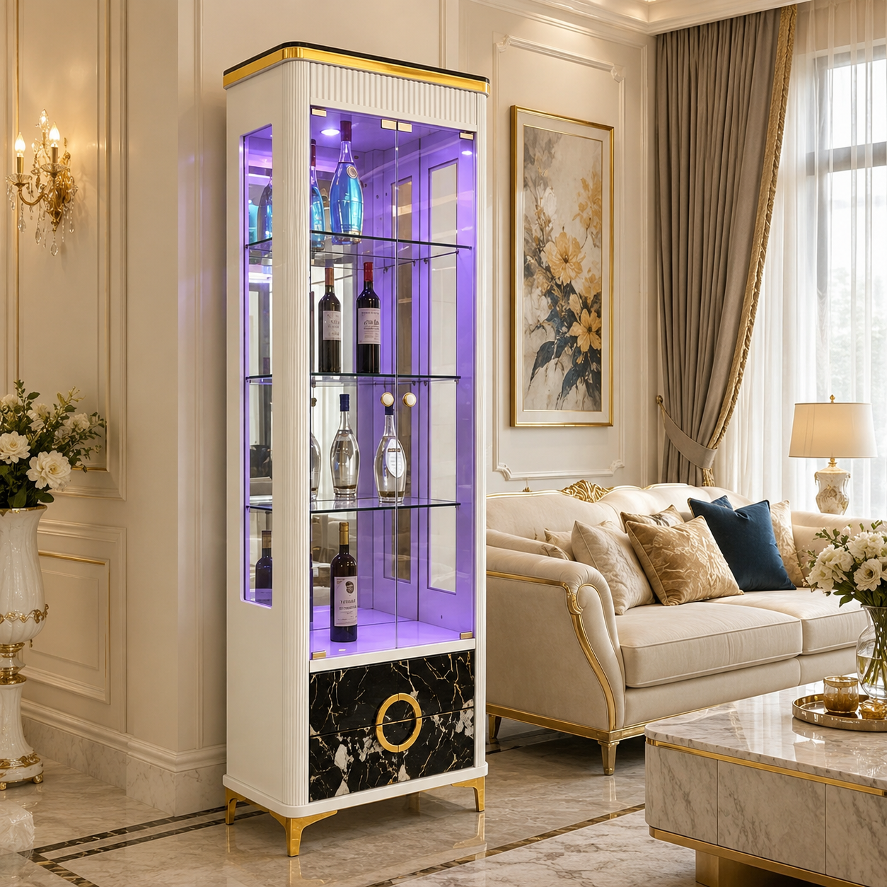 Slim Fluted Wine Cabinet with Purple LED Display