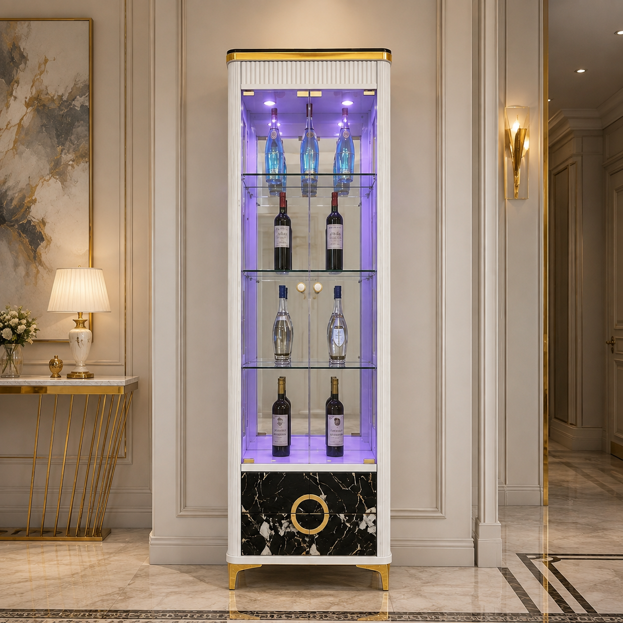 Slim Fluted Wine Cabinet with Purple LED Display
