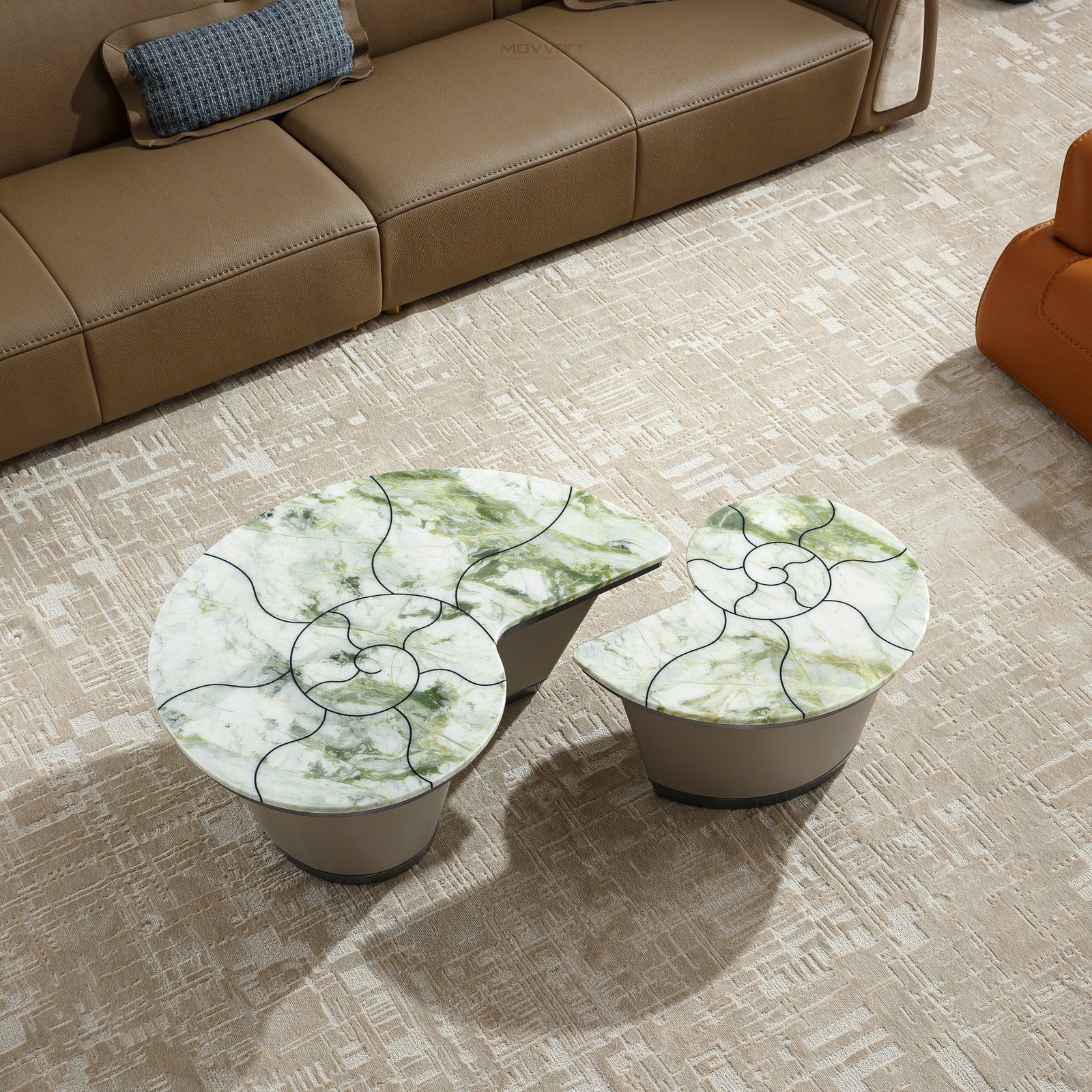 ​Green Cloud Stone Nesting Coffee Tables with Sculpted Bases