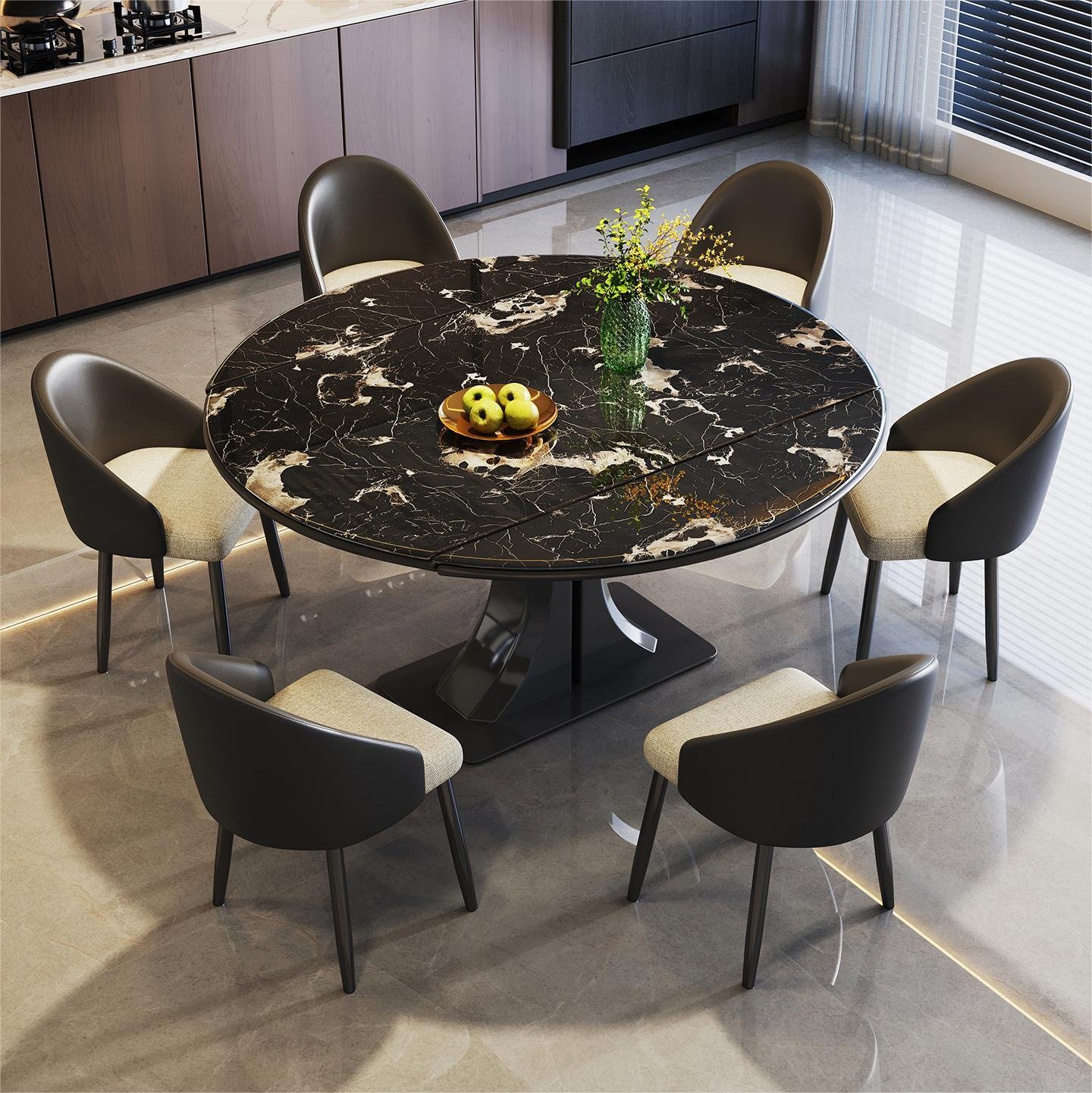 Cloud Vein Luxury Stone Folding Round Table with Sculpted Stainless Steel Base
