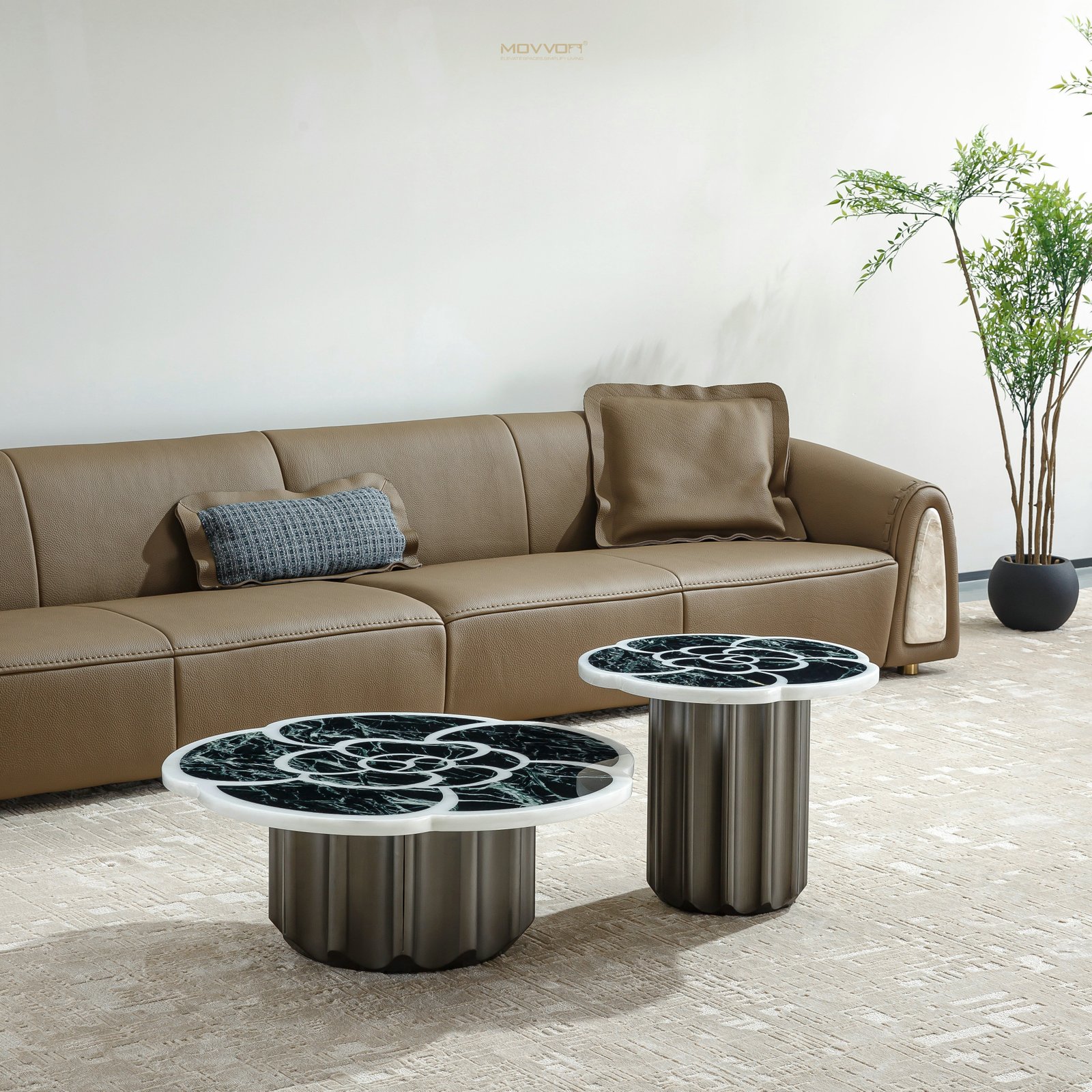 Black Green Round Coffee Tables with Petal Inlay Tops