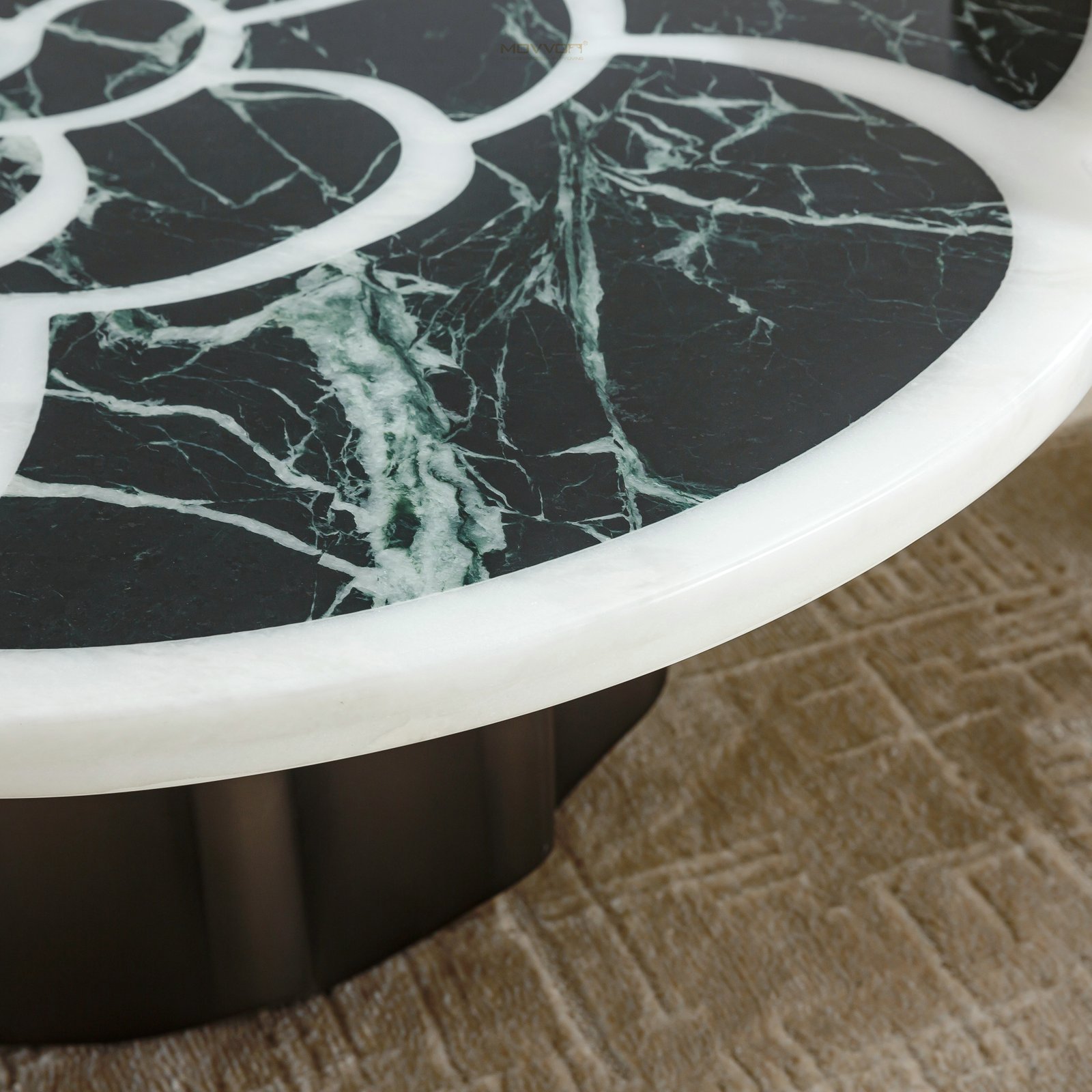 Black Green Round Coffee Tables with Petal Inlay Tops