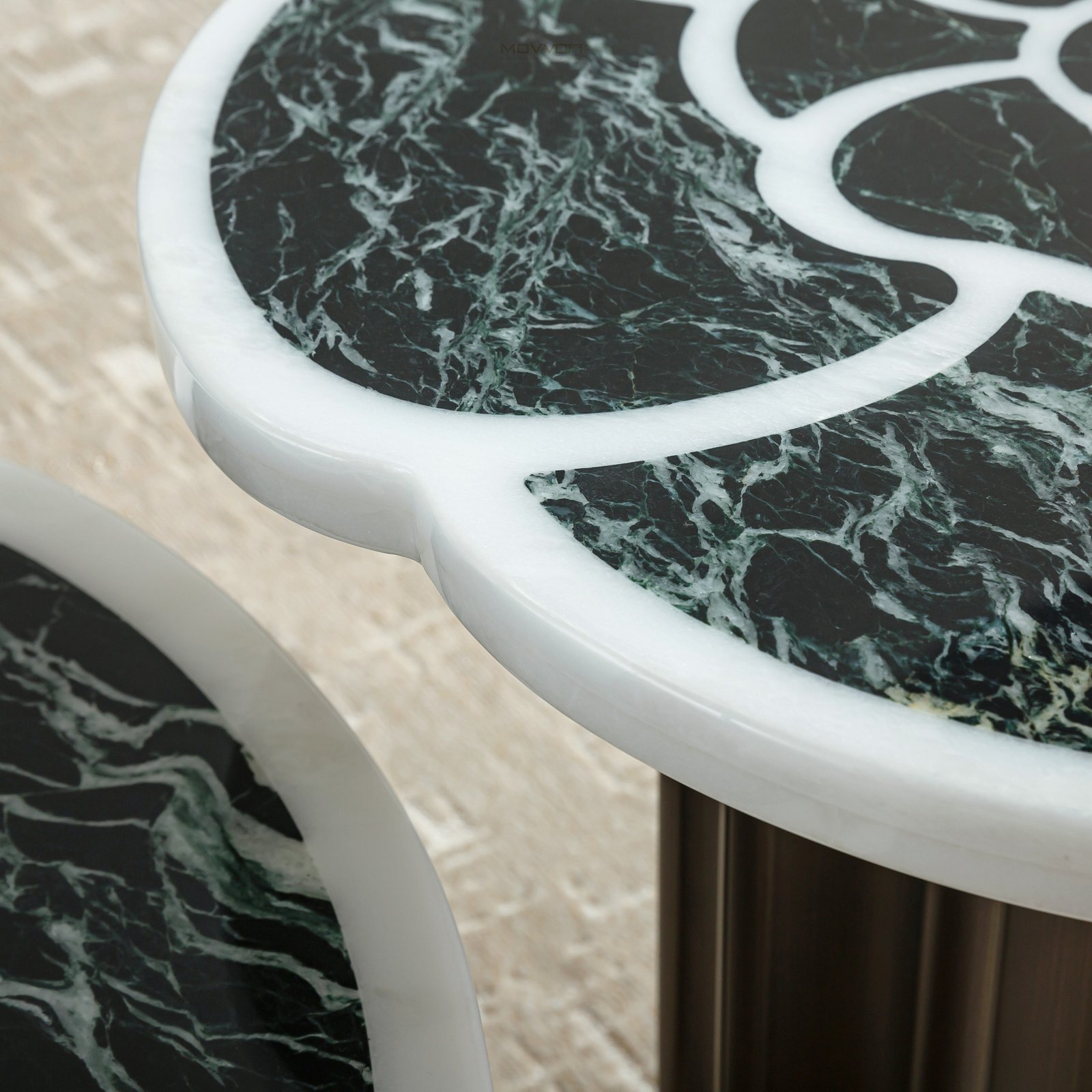 Black Green Round Coffee Tables with Petal Inlay Tops