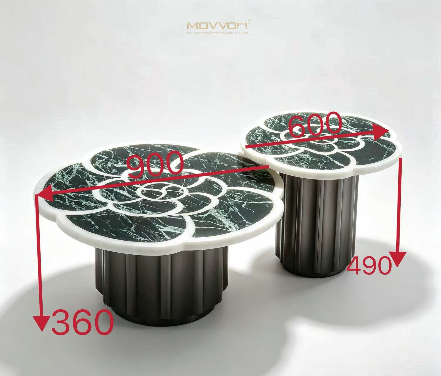 Black Green Round Coffee Tables with Petal Inlay Tops