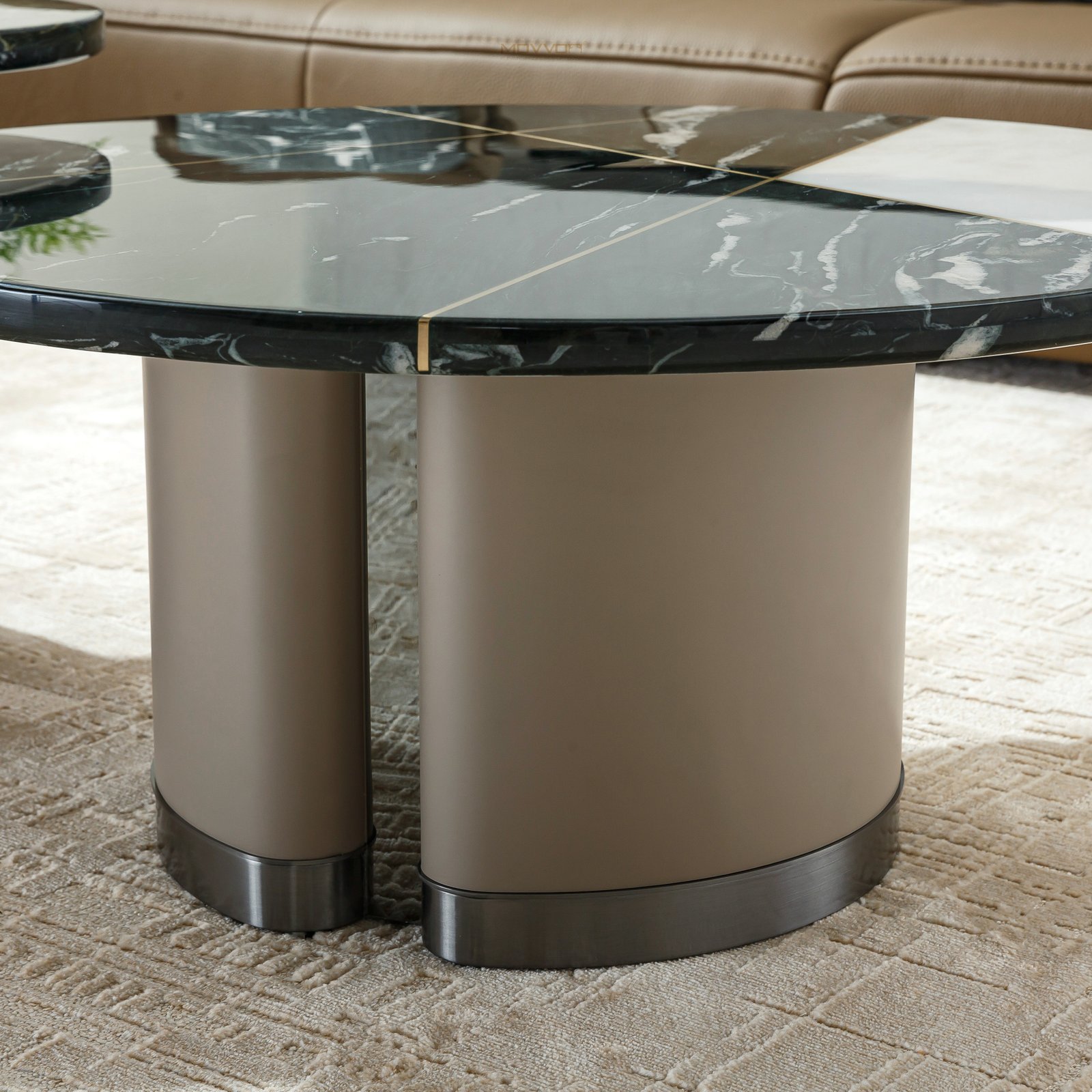 Green Geometric Round Coffee Tables with White Half-Moon Inlay
