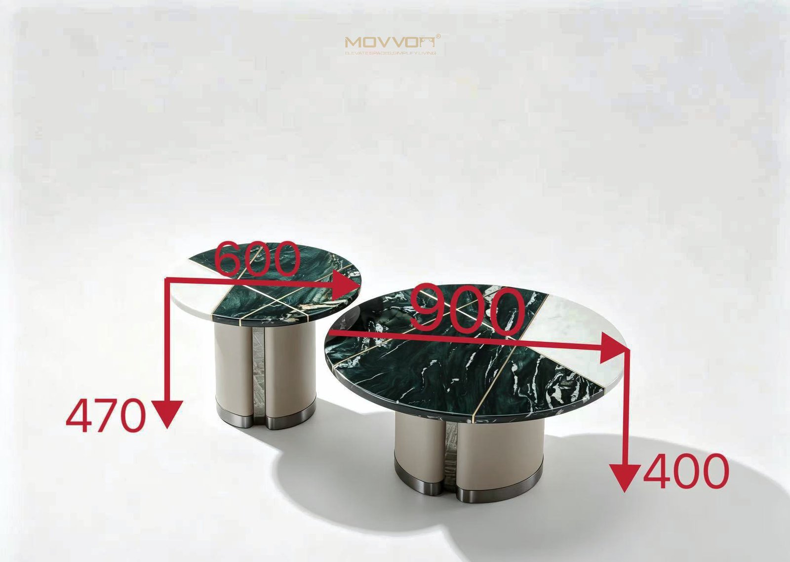Green Geometric Round Coffee Tables with White Half-Moon Inlay