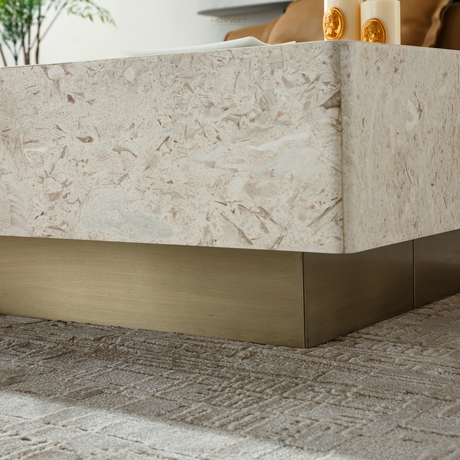 ​Cream Block Coffee Table with Red Travertine-Look Center Inlay
