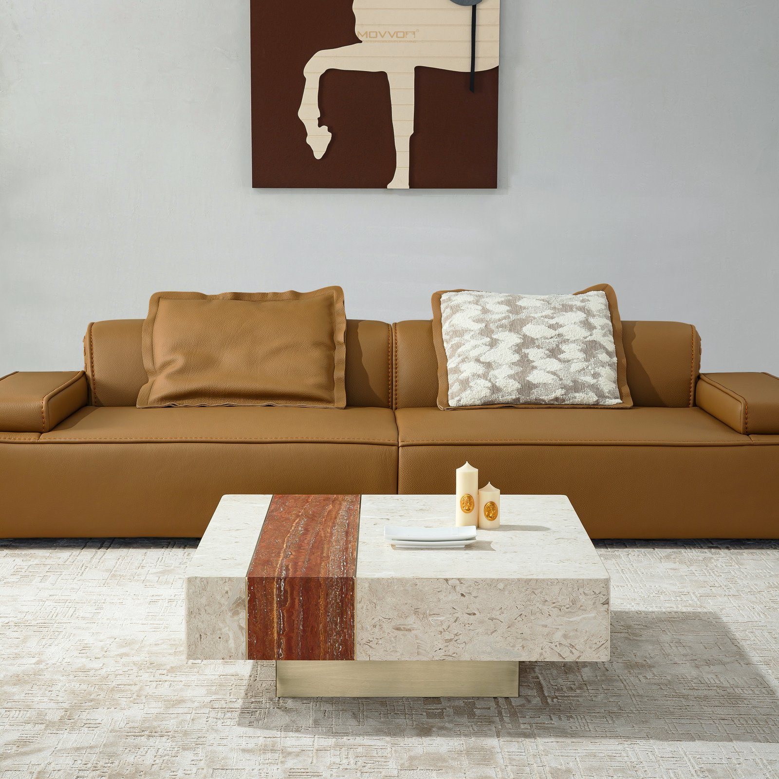 ​Cream Block Coffee Table with Red Travertine-Look Center Inlay