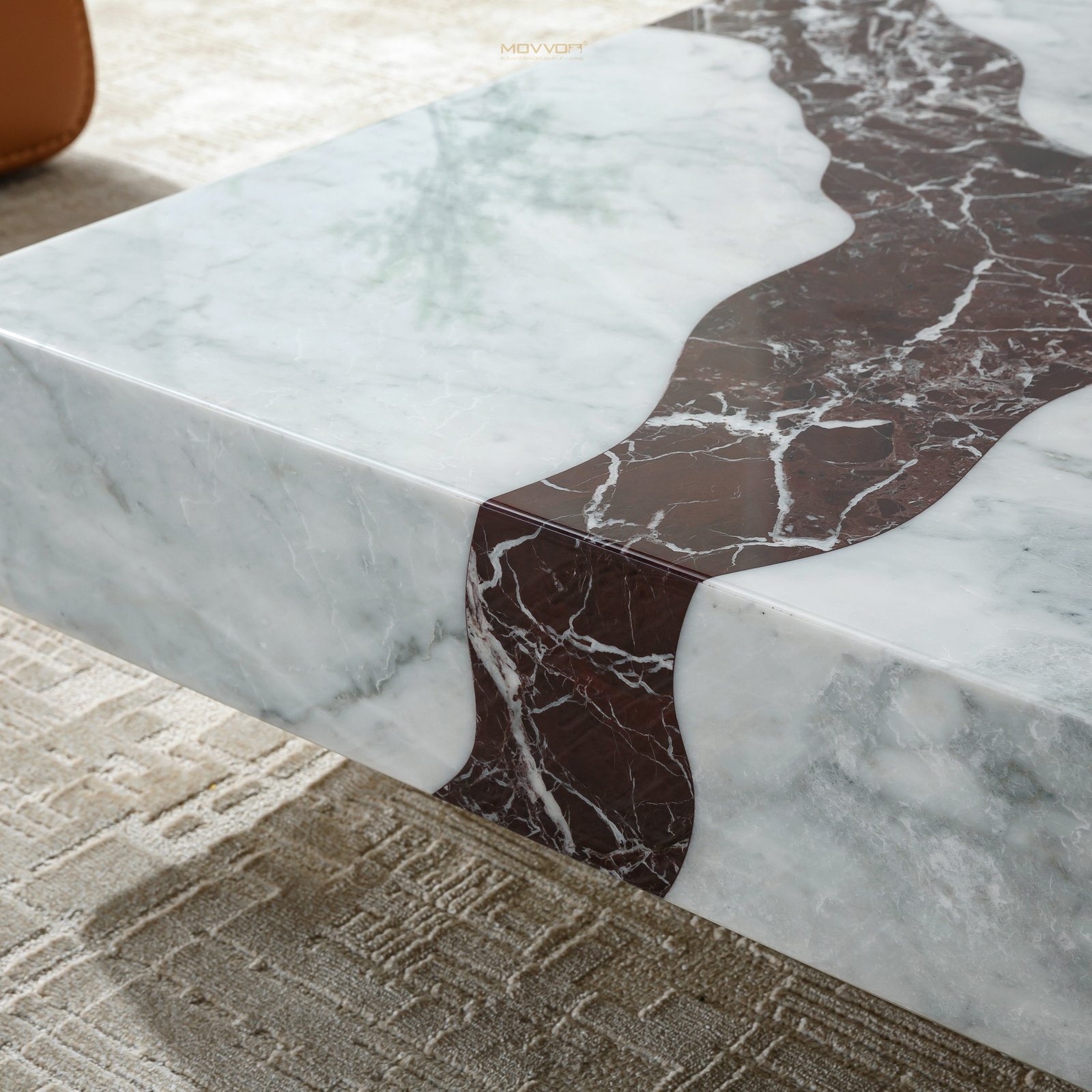 White Marble-Look Square Coffee Table with Burgundy Cross Vein