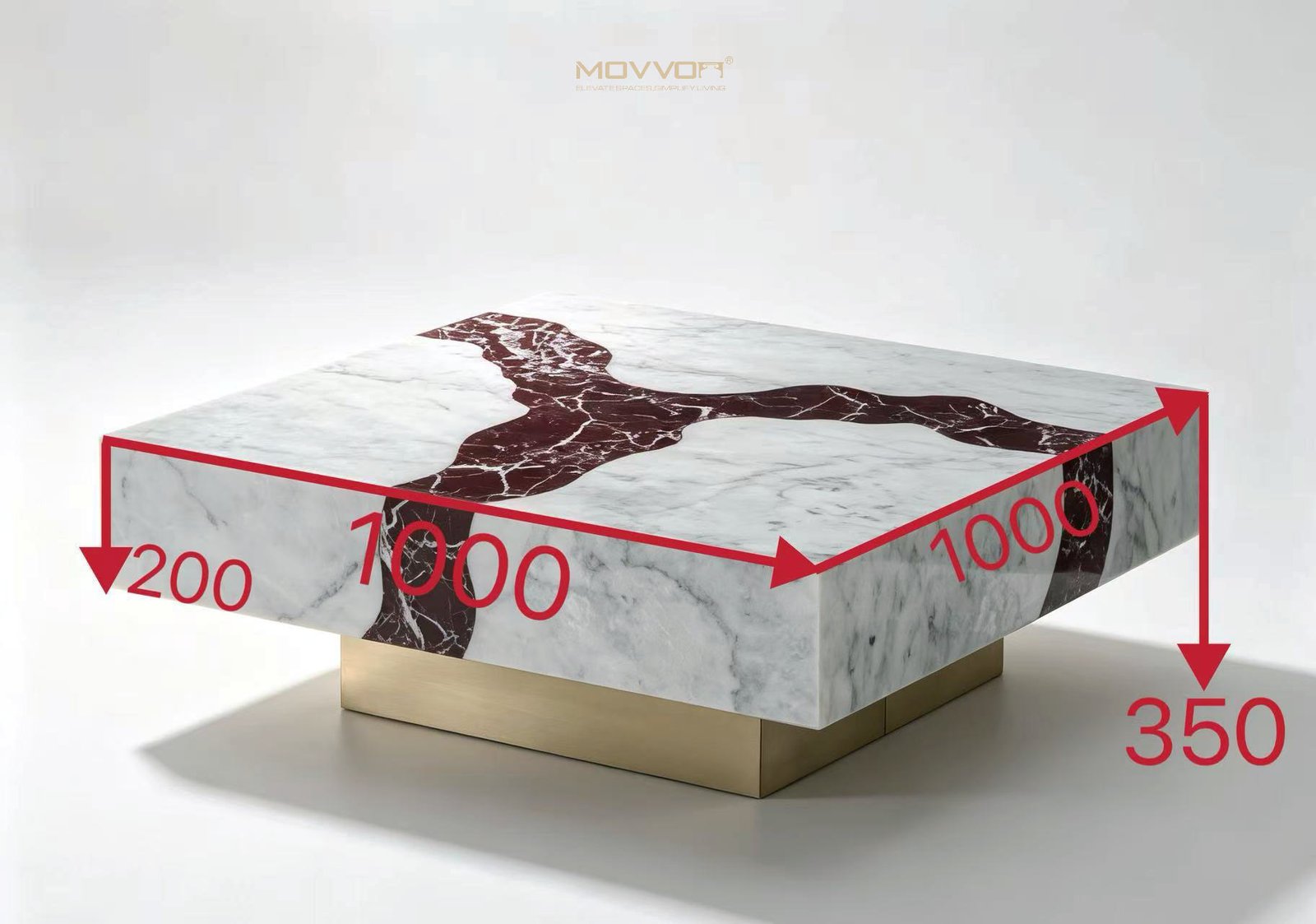White Marble-Look Square Coffee Table with Burgundy Cross Vein