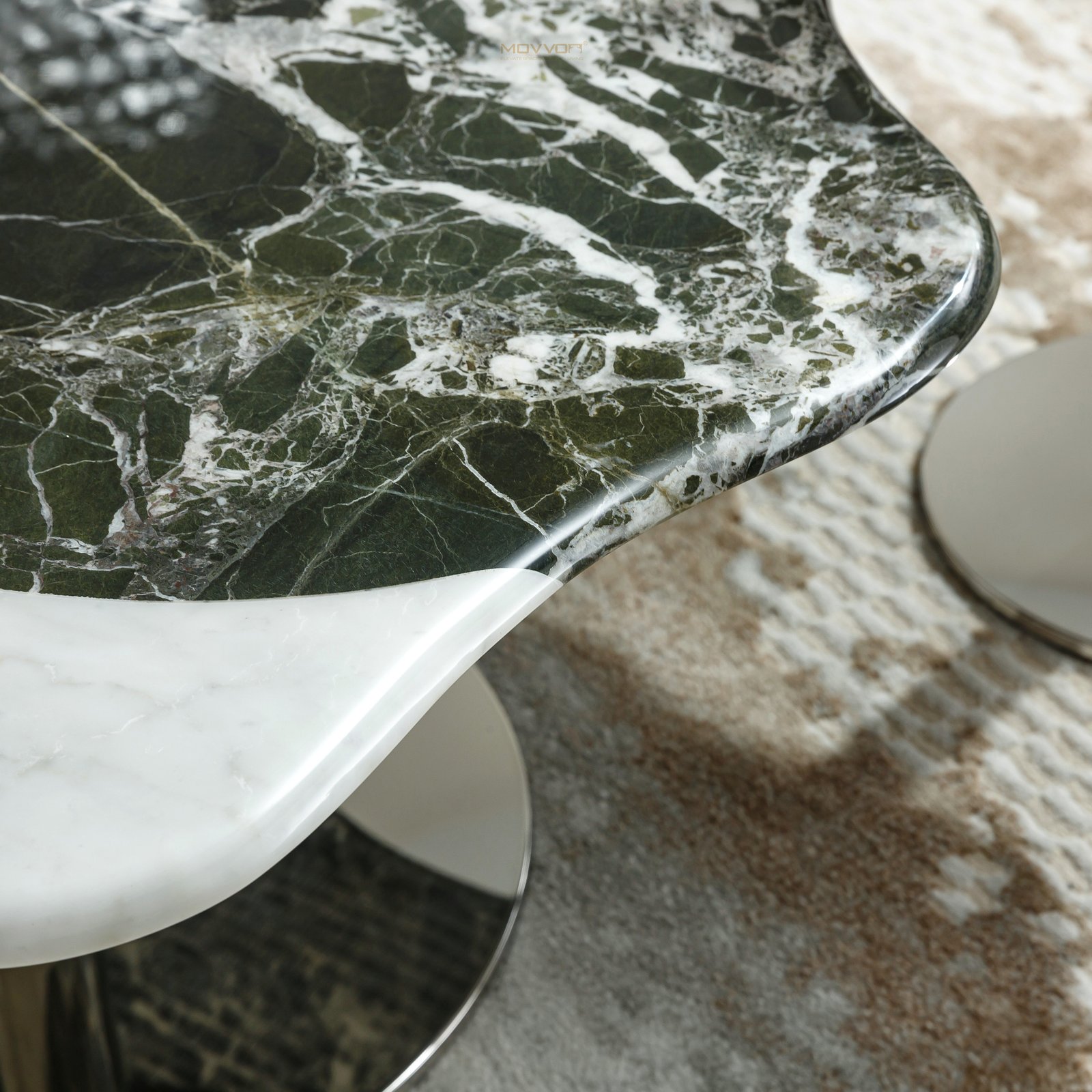 Petal-Edge Stone Coffee Tables on Polished Silver Disc Bases