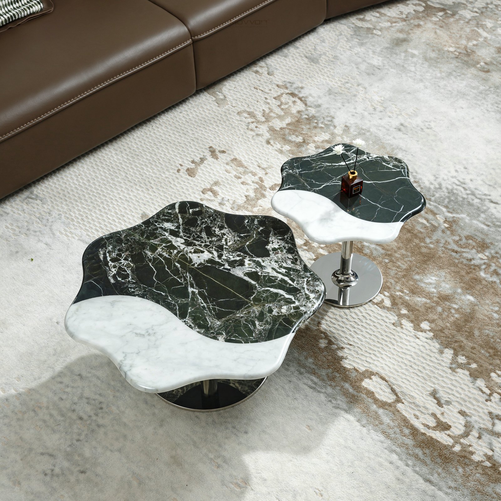 Petal-Edge Stone Coffee Tables on Polished Silver Disc Bases