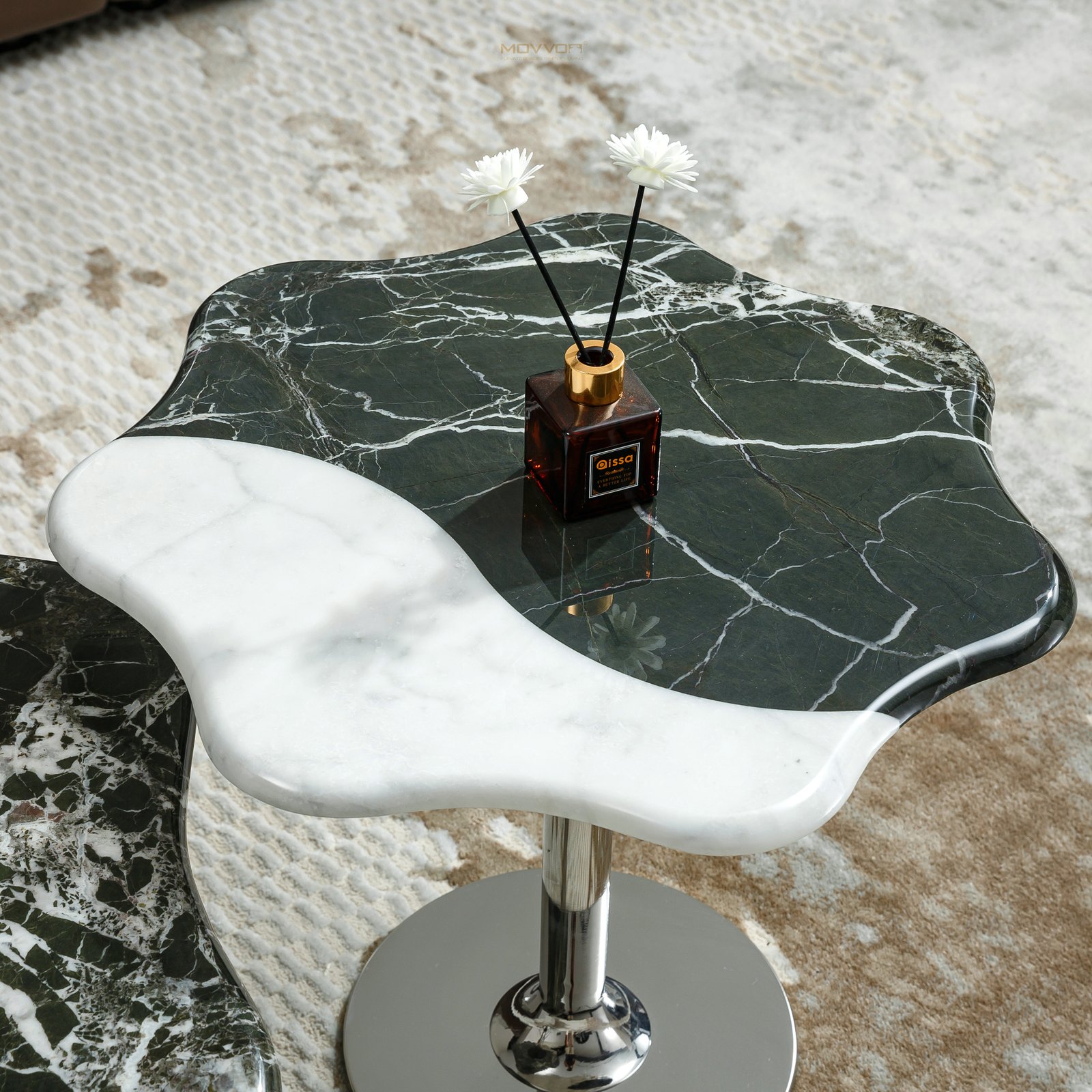 Petal-Edge Stone Coffee Tables on Polished Silver Disc Bases