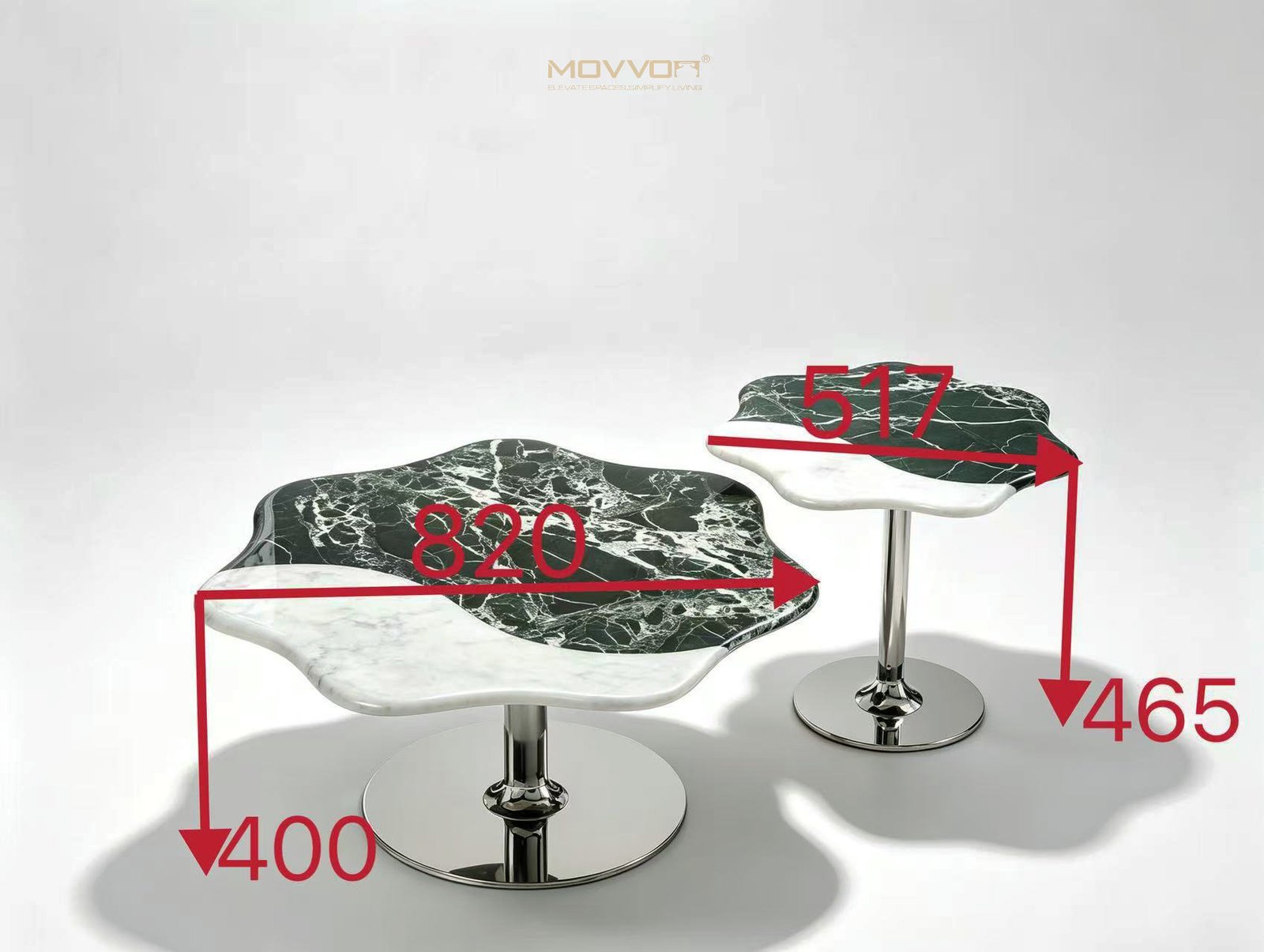 Petal-Edge Stone Coffee Tables on Polished Silver Disc Bases