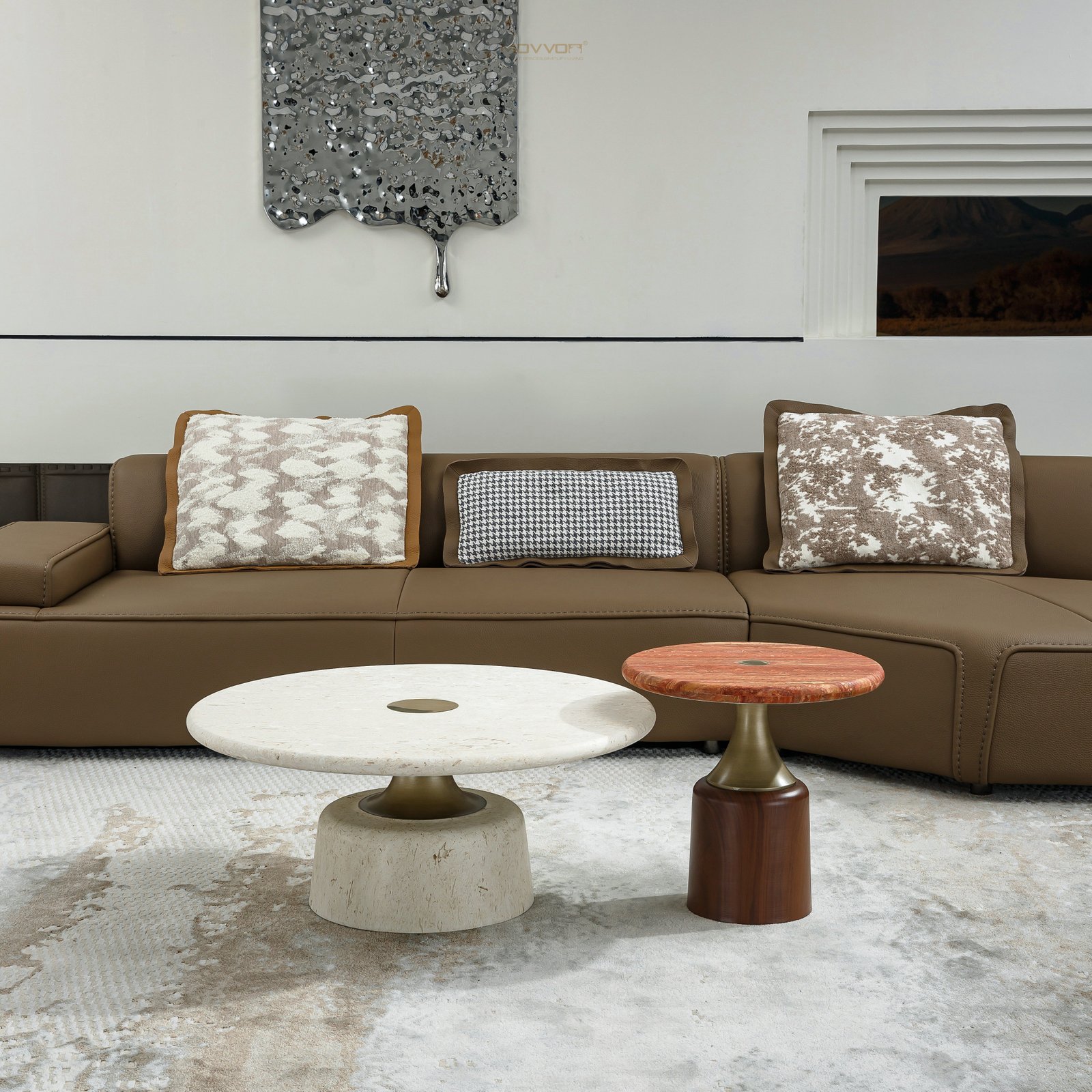 Cream and Rust Round Nesting Coffee Tables with Brass Center Discs