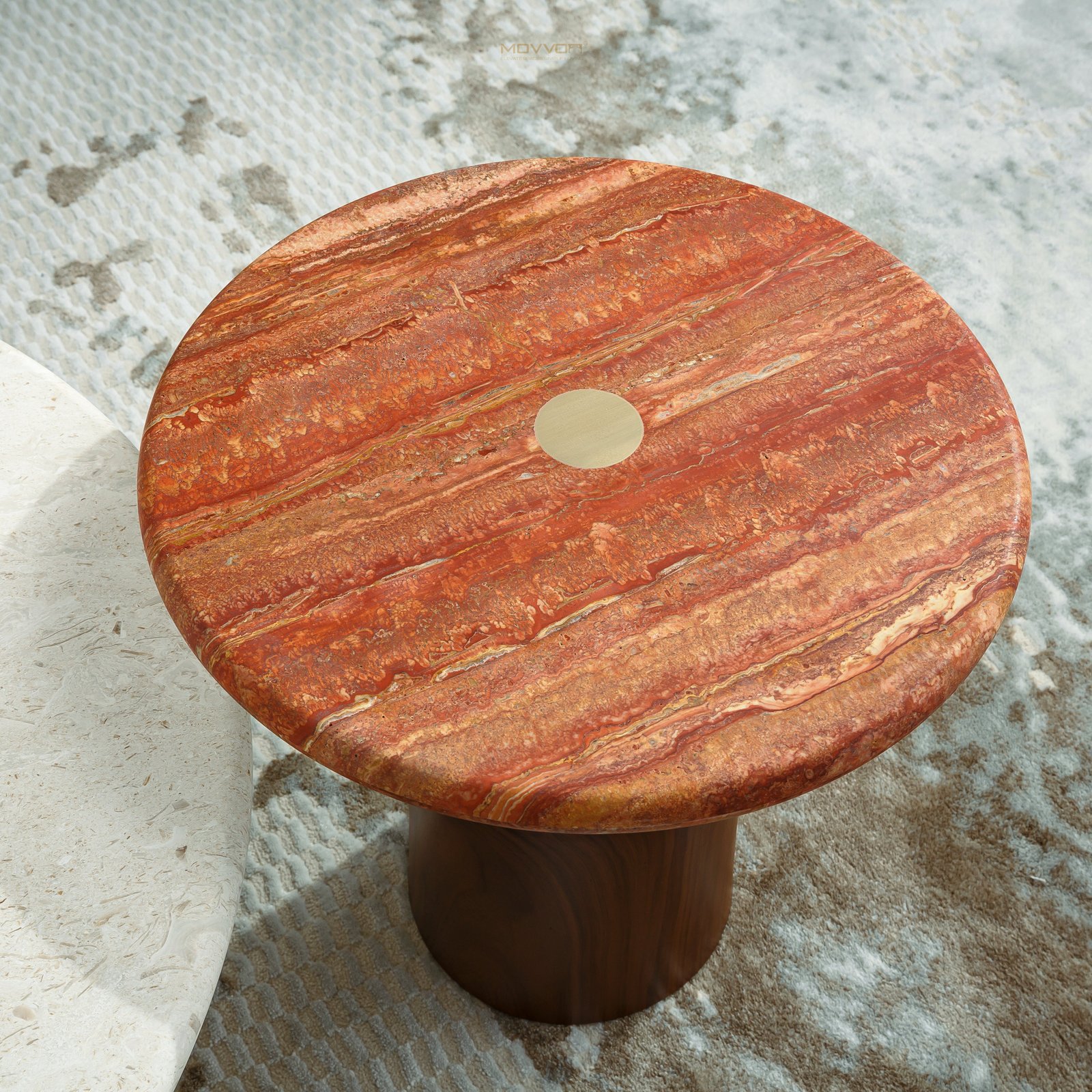 Cream and Rust Round Nesting Coffee Tables with Brass Center Discs