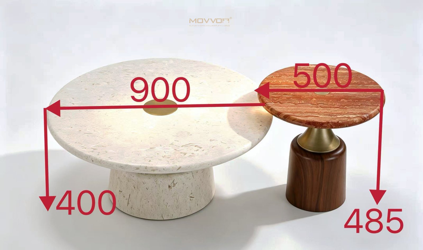 Cream and Rust Round Nesting Coffee Tables with Brass Center Discs