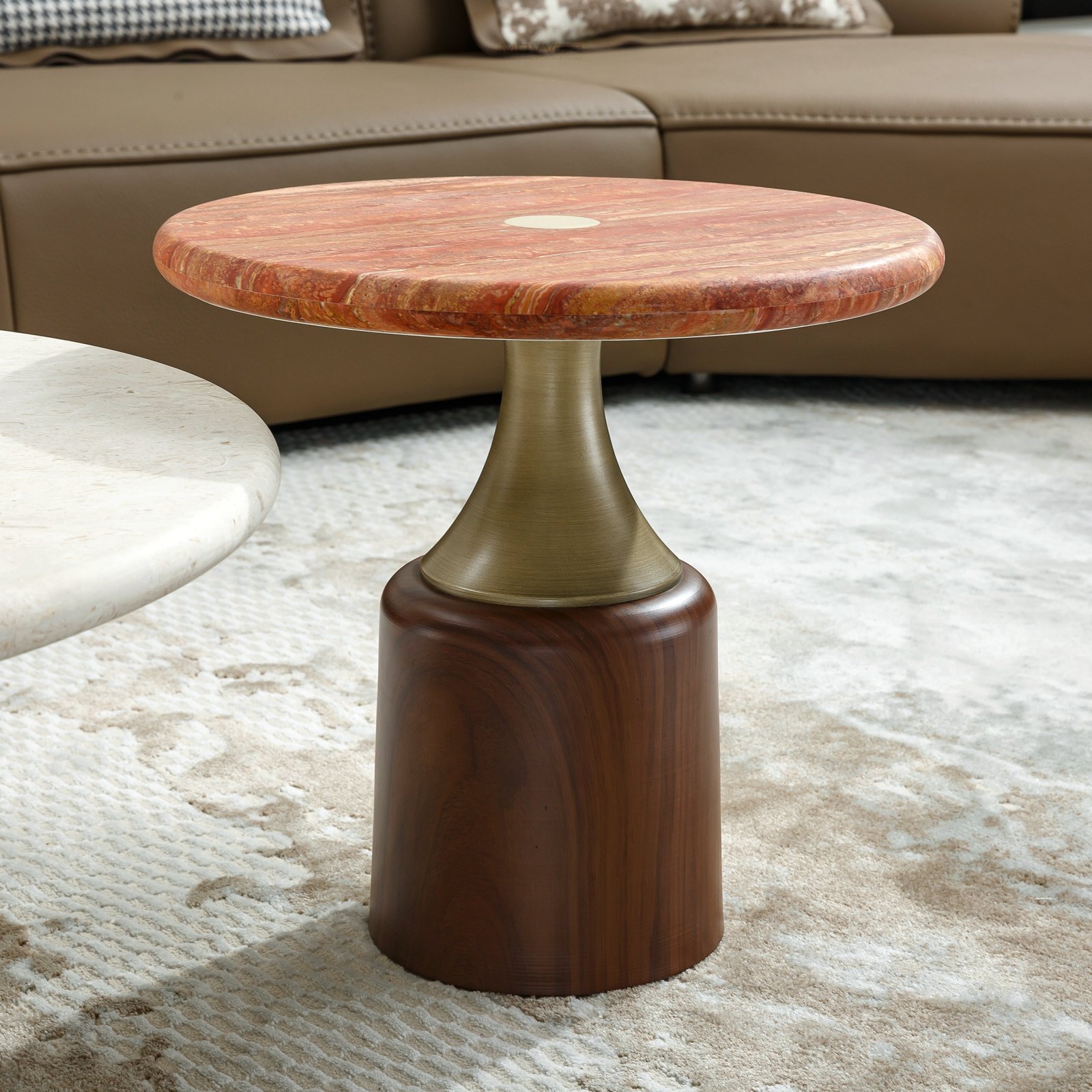 Cream and Rust Round Nesting Coffee Tables with Brass Center Discs