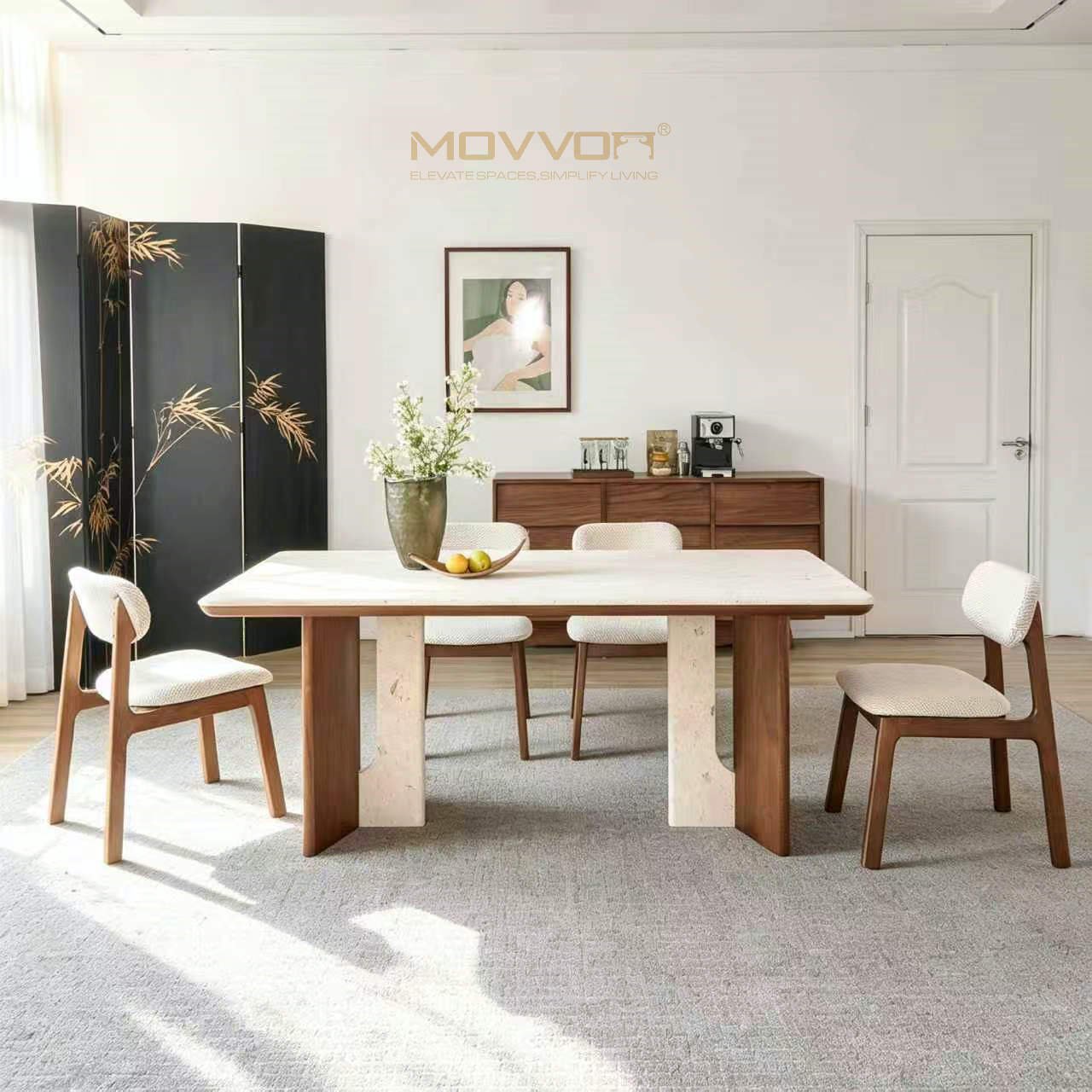 Curved Walnut-Stone Leg Jade Rabbit Marble Dining Table