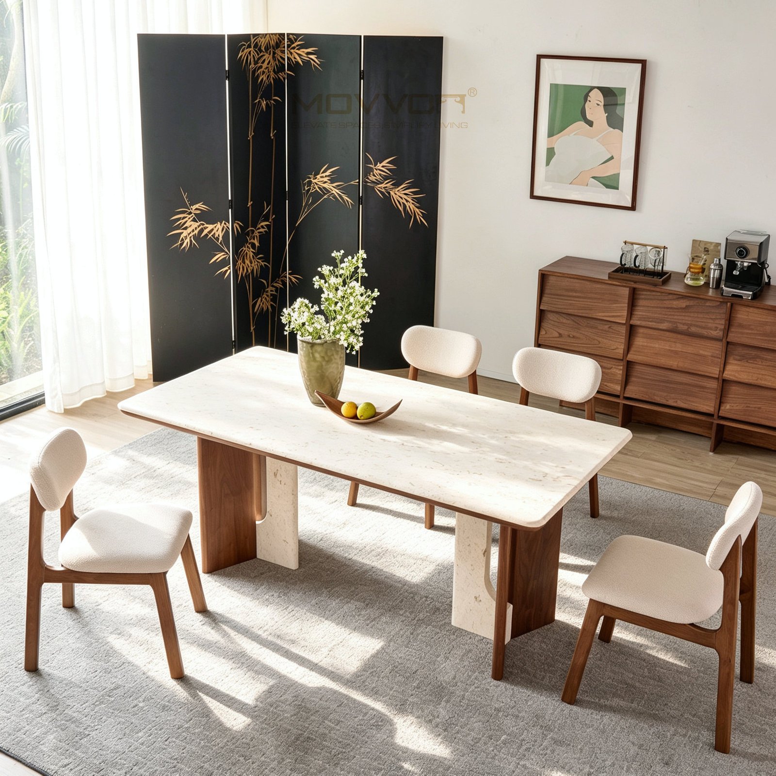 Curved Walnut-Stone Leg Jade Rabbit Marble Dining Table