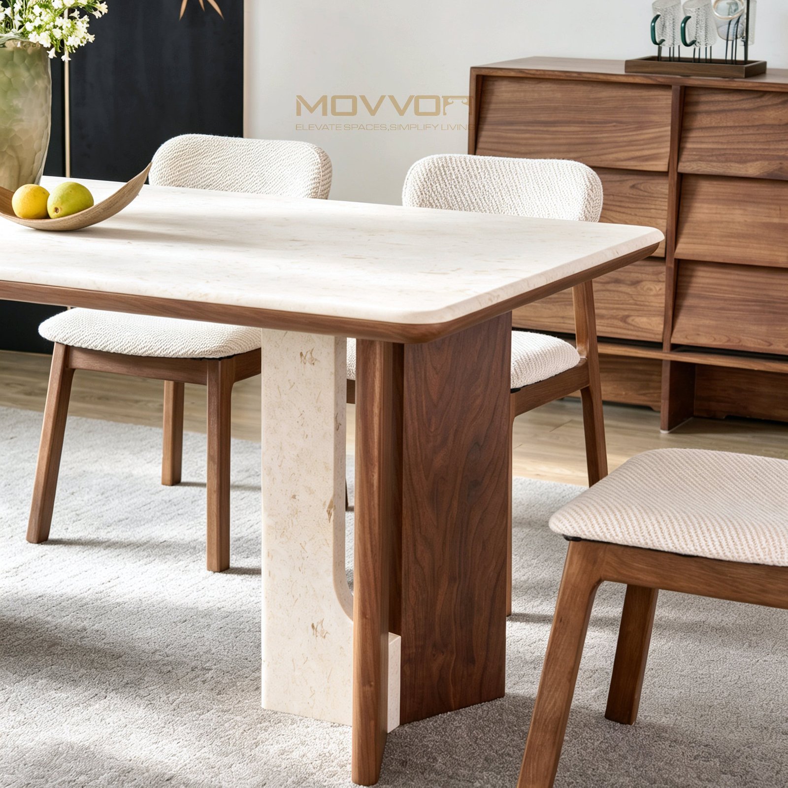 Curved Walnut-Stone Leg Jade Rabbit Marble Dining Table
