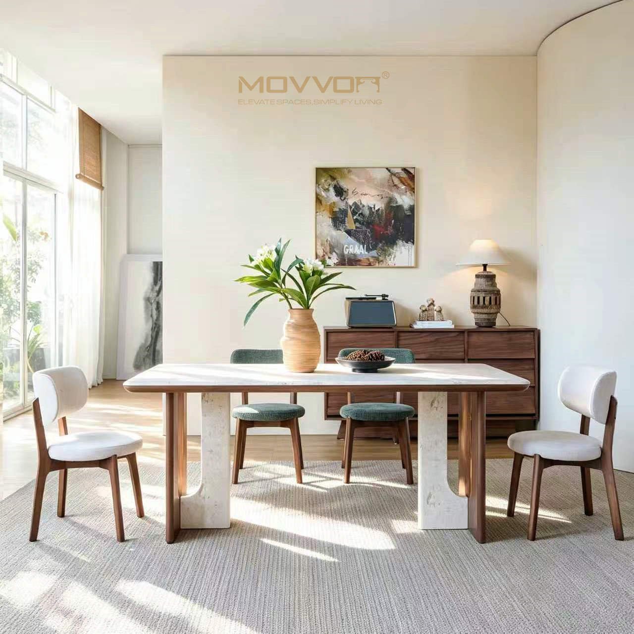 U-Cut Walnut Frame Jade Rabbit Marble Dining Table