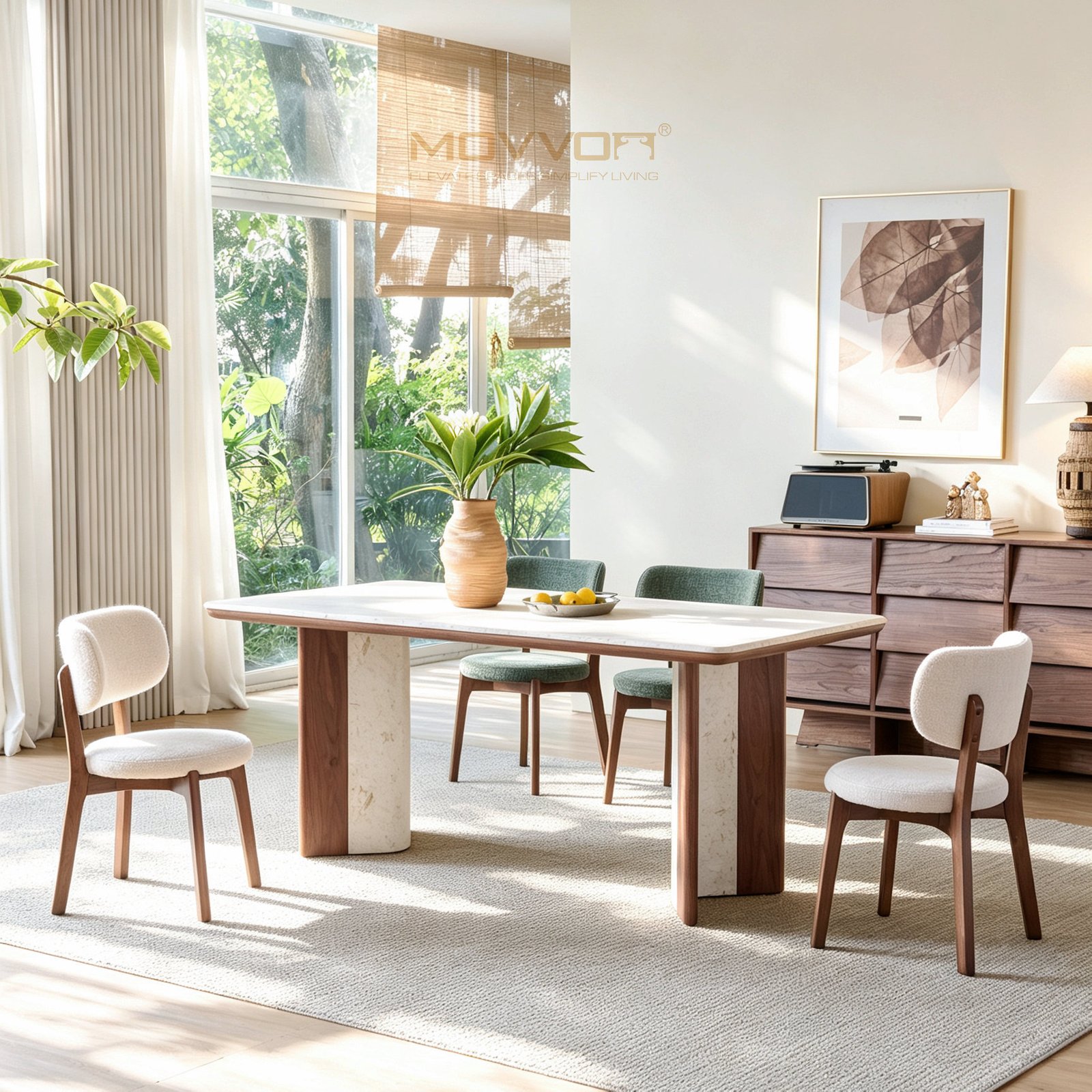 ​Paired Walnut-Stone Base Jade Rabbit Marble Dining Table