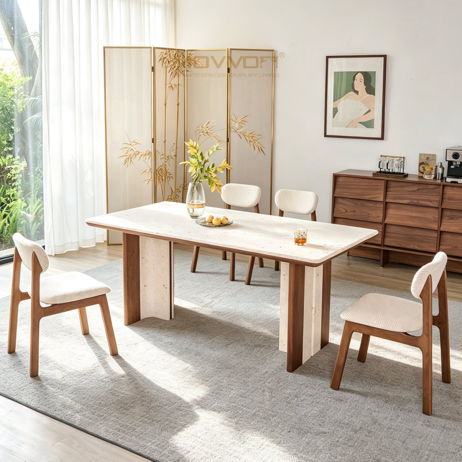 Recessed Stone-Strip Jade Rabbit Marble Dining Table