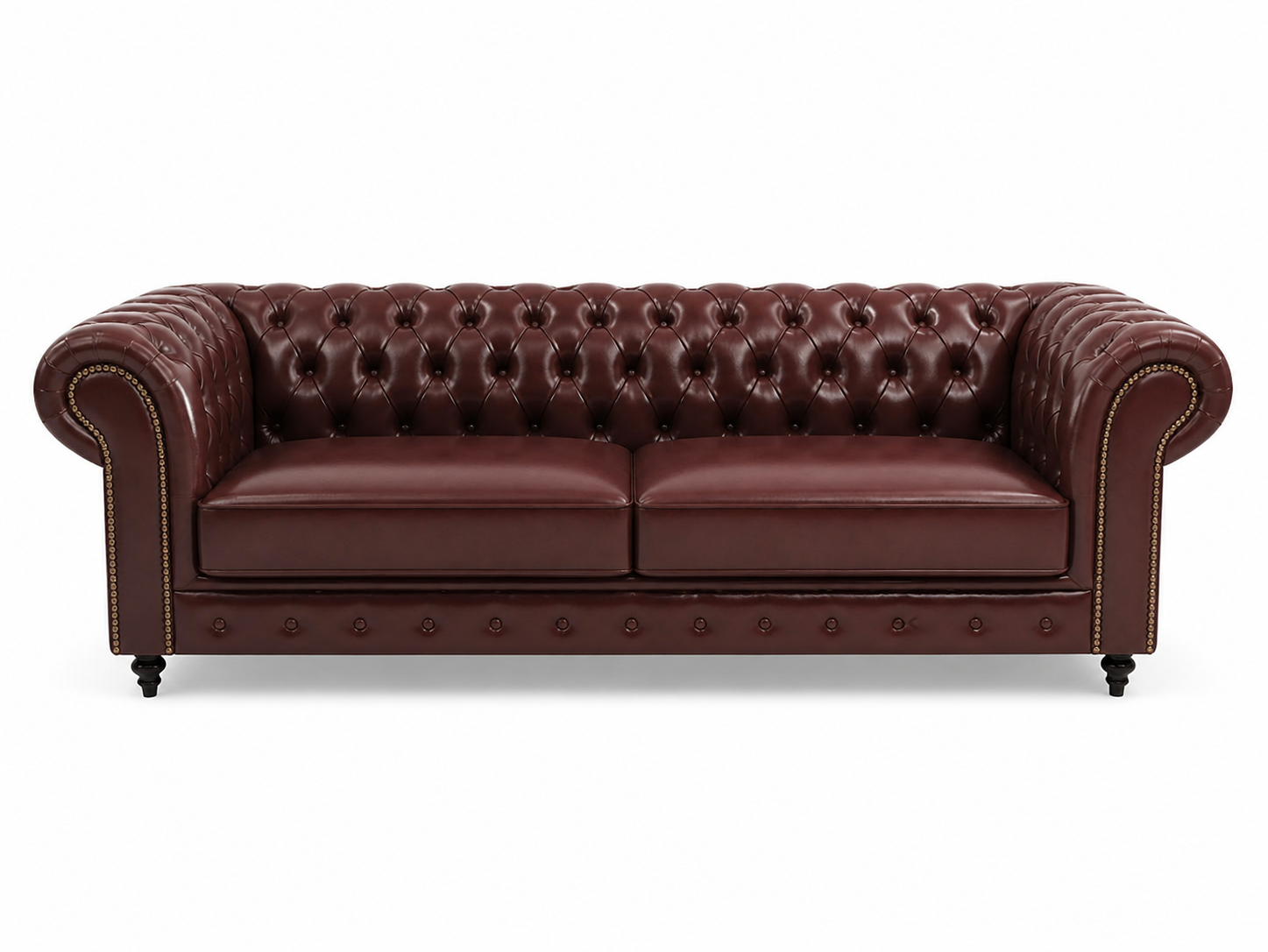 Burgundy Chesterfield Sofa with Deep Tufting and Nailhead Arms