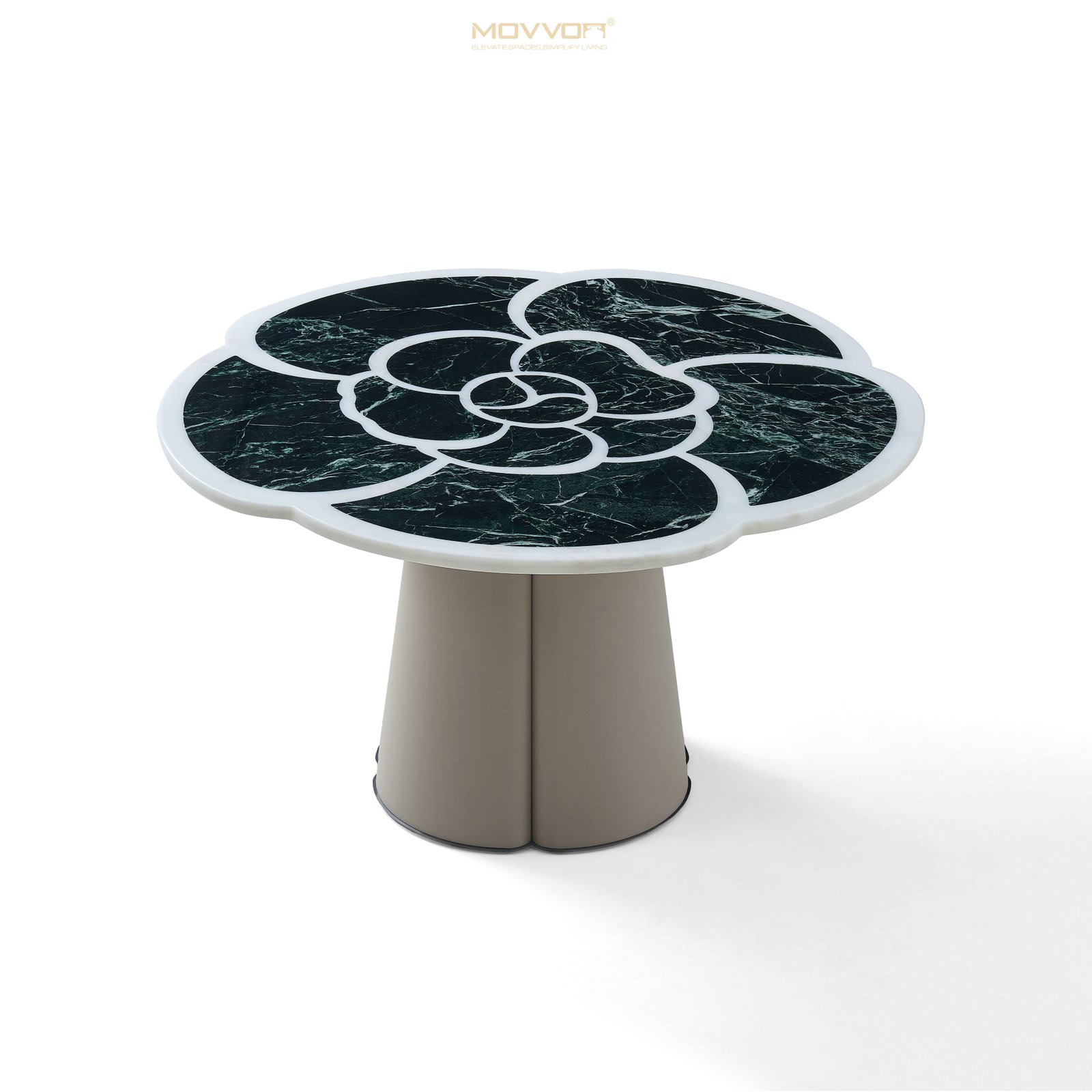 Petal-Edge Green Marble-Effect Round Dining Table with Tapered Pedestal