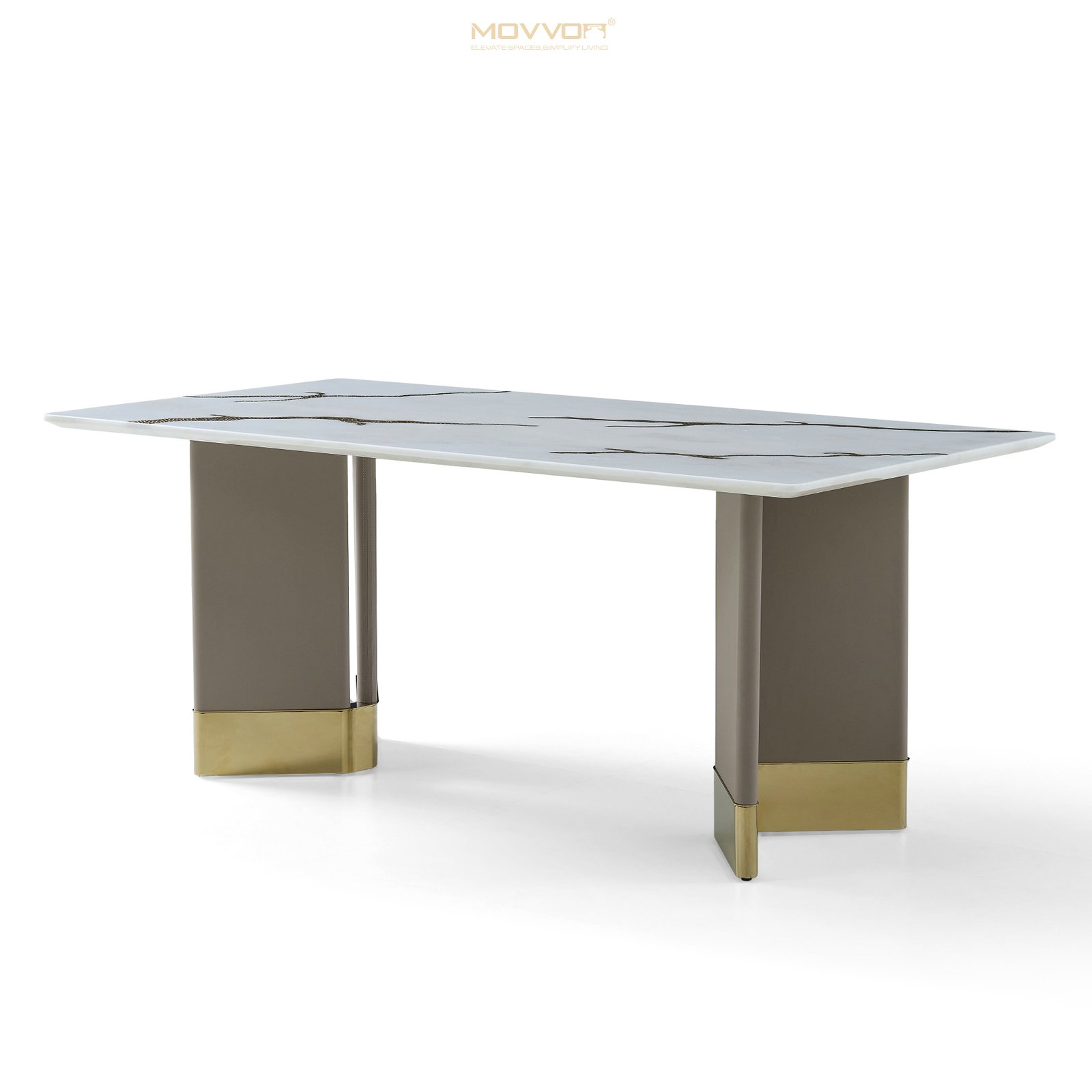 White Marble-Effect Dining Table with Textured Gold Vein Inlay and Twin Pedestals