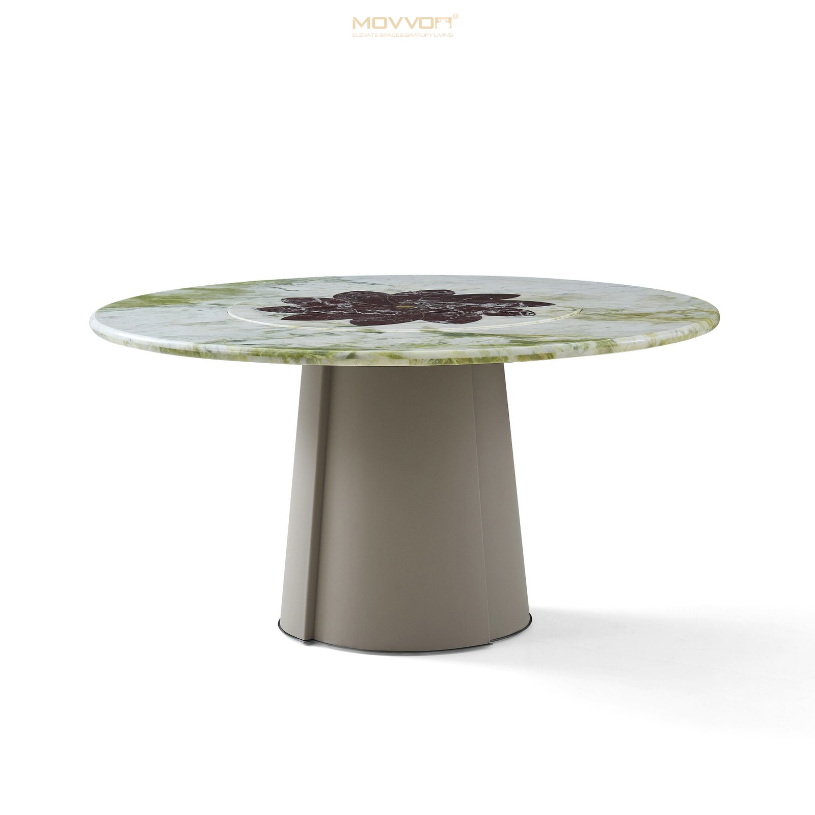 Green Marble-Effect Round Dining Table with Burgundy Floral Medallion