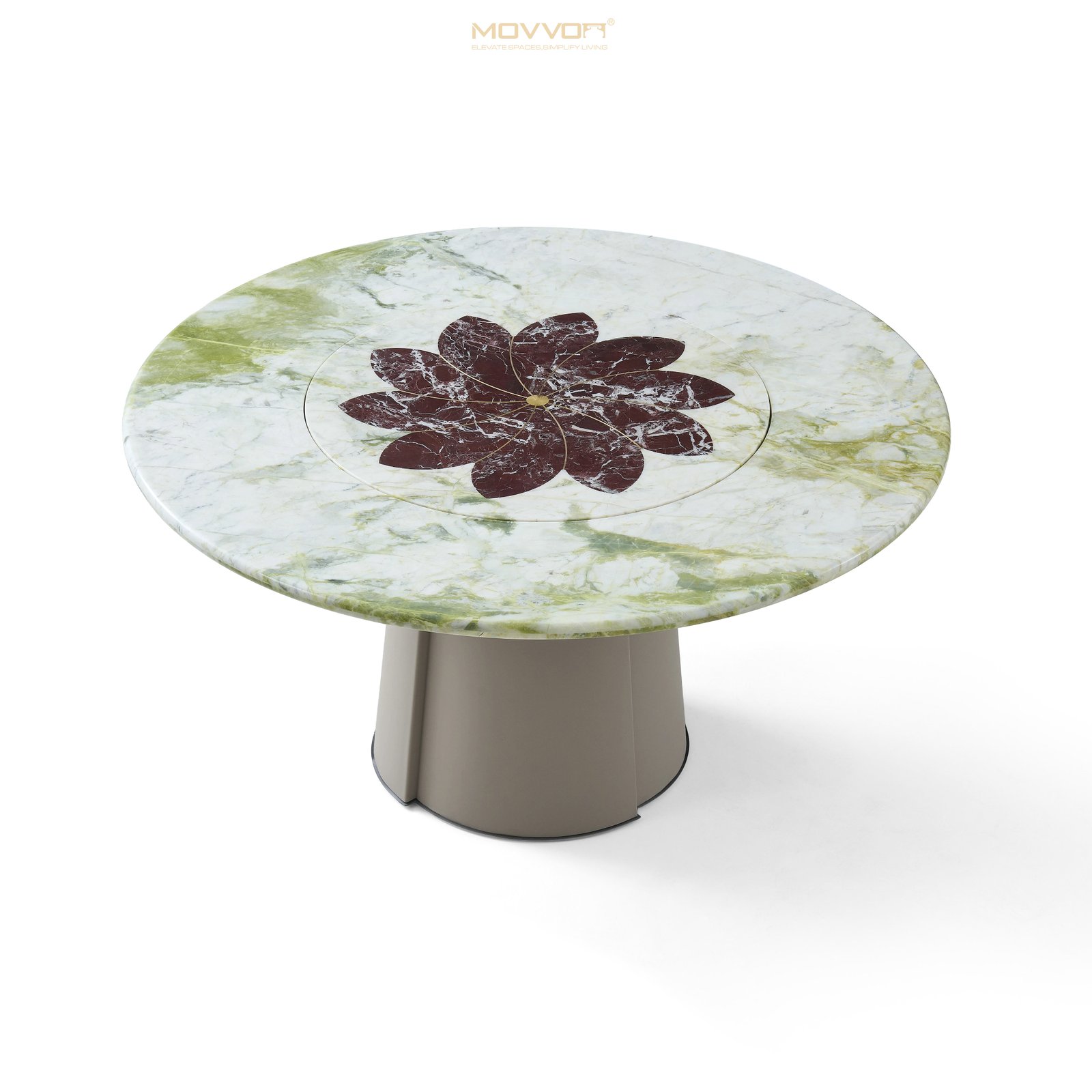 Green Marble-Effect Round Dining Table with Burgundy Floral Medallion
