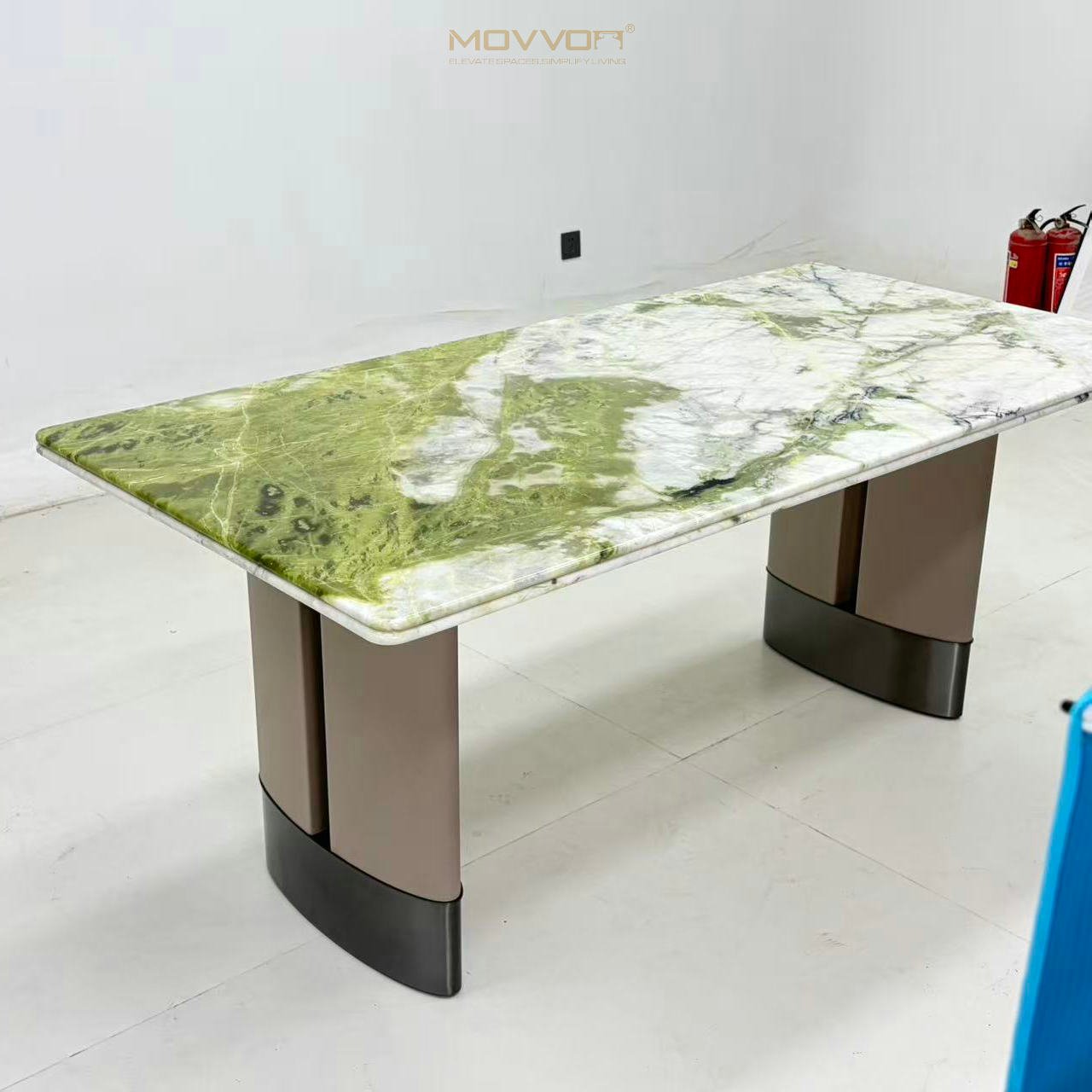 Green Marble-Effect Rectangular Dining Table with Curved Twin Pedestal Bases