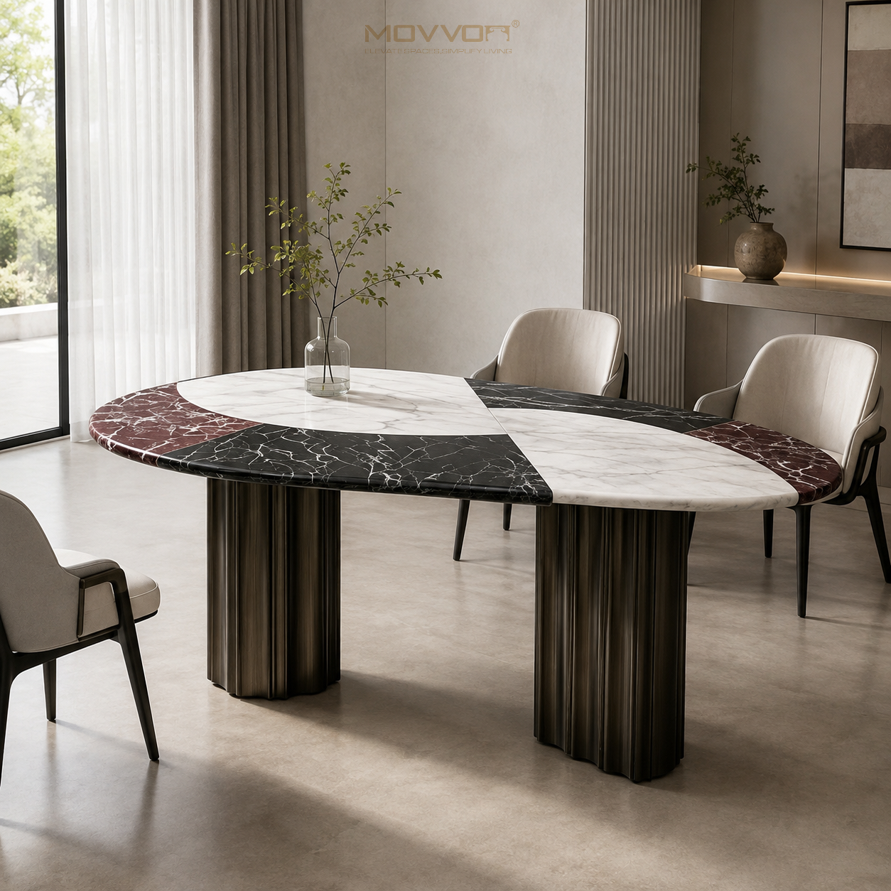Three-Tone Marble-Effect Capsule Dining Table with Fluted Pe