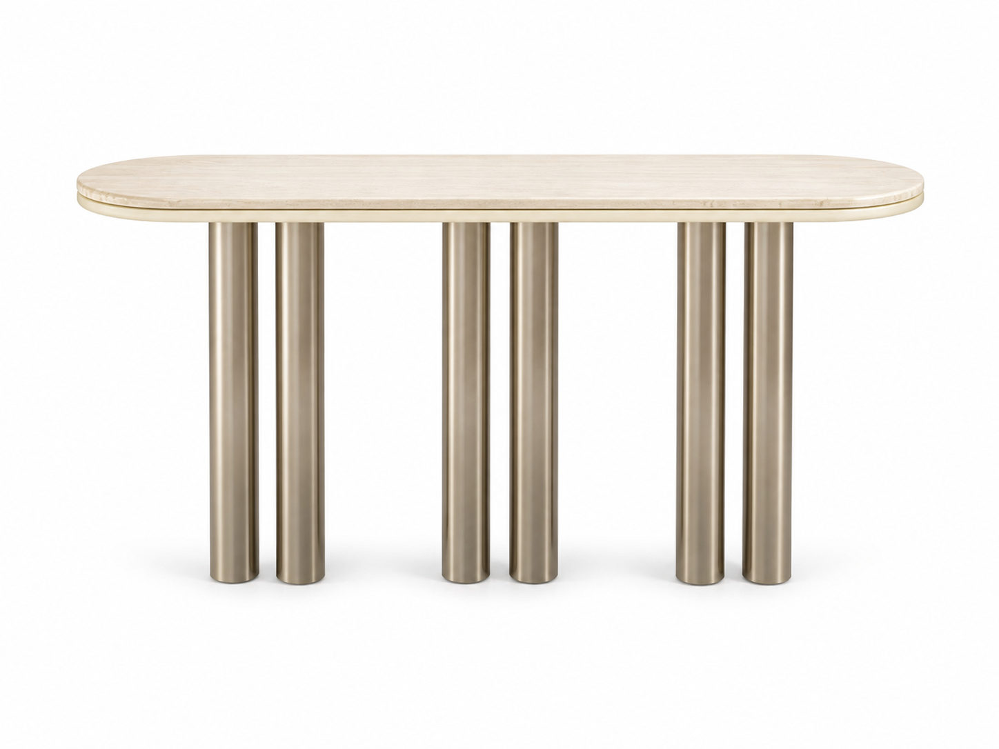 Rounded Travertine-Look Console Table with Champagne Cylindrical Supports