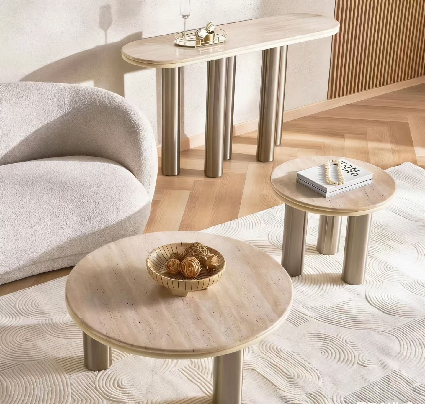 Rounded Travertine-Look Console Table with Champagne Cylindrical Supports