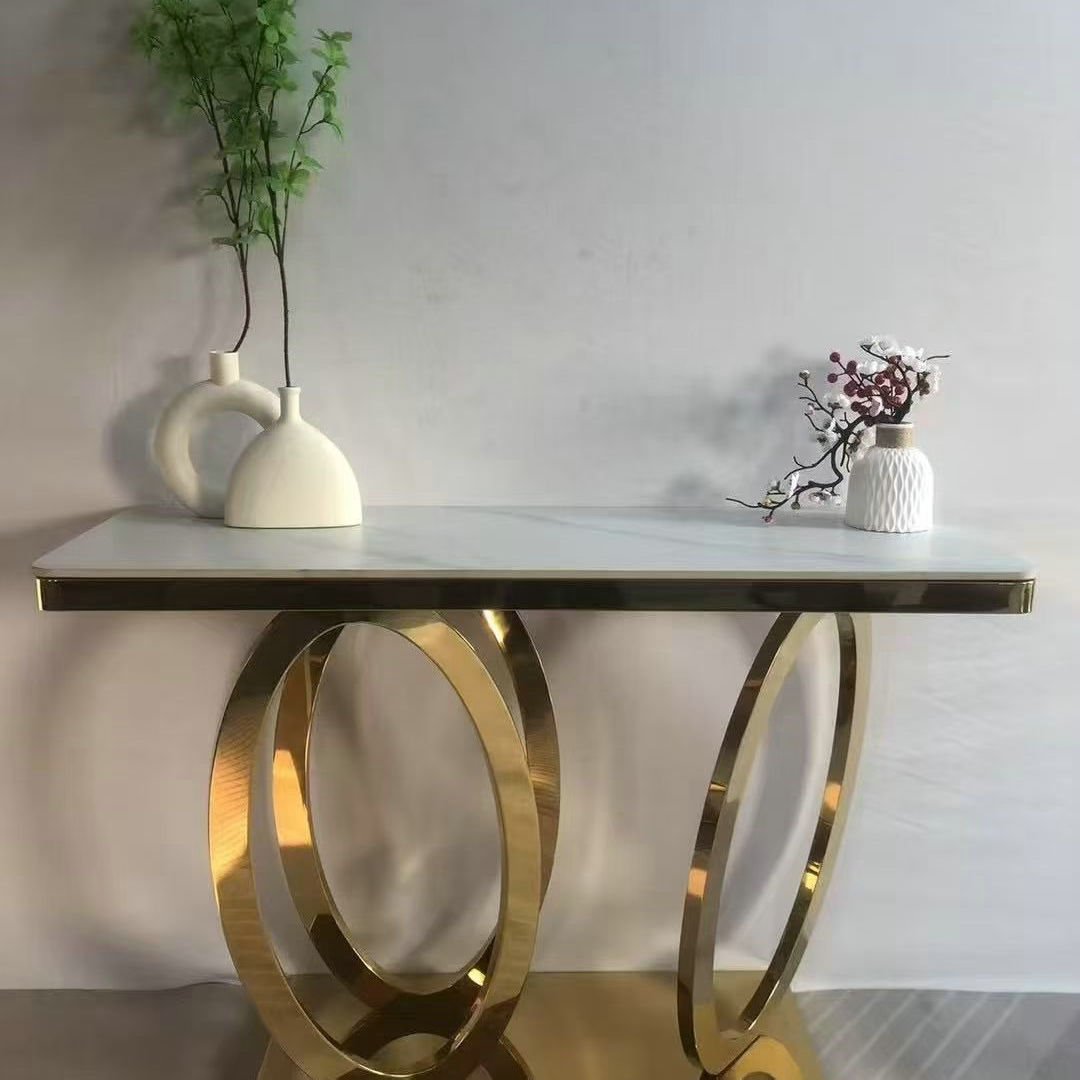 White Marble-Effect Console Table with Layered Gold Ring Pedestal