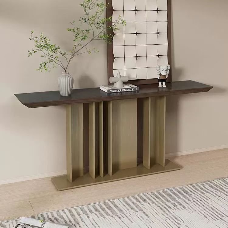 Dark Wood-Look Console Table with Bronze-Tone Vertical Panel Base
