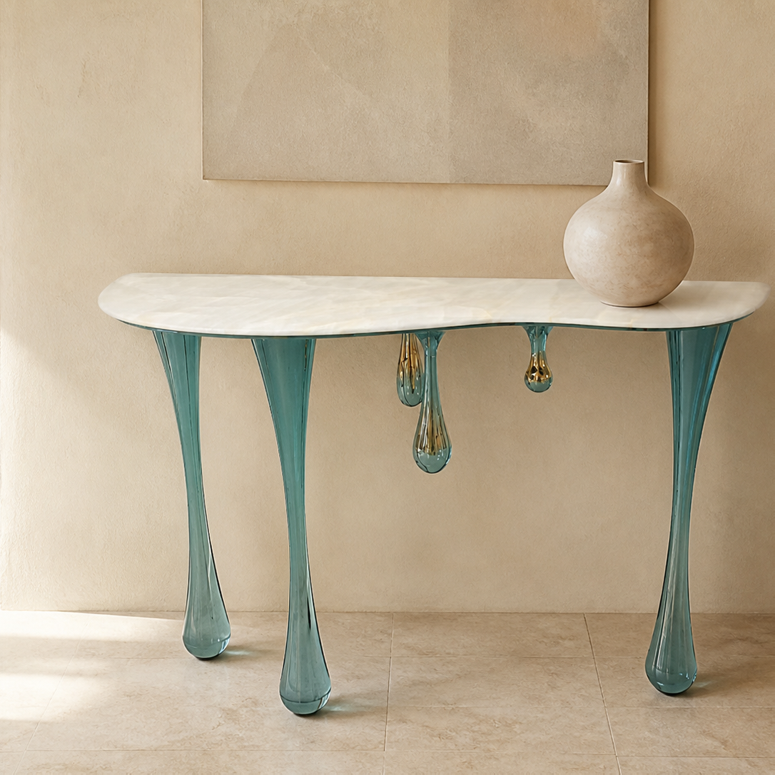 Pearlescent Console Table with Silver Sculptural Legs and Dr