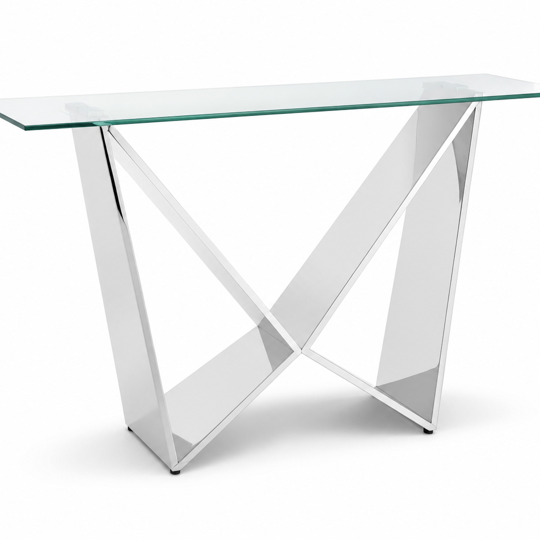 Clear Glass Console Table with Sculptural X-Frame Metal Pedestal