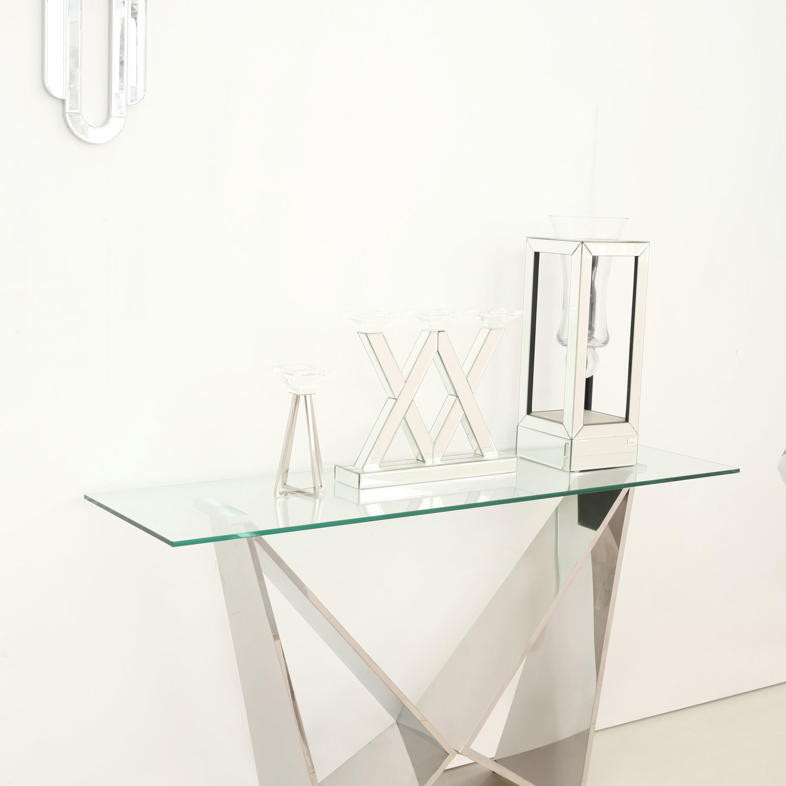 Clear Glass Console Table with Sculptural X-Frame Metal Pedestal