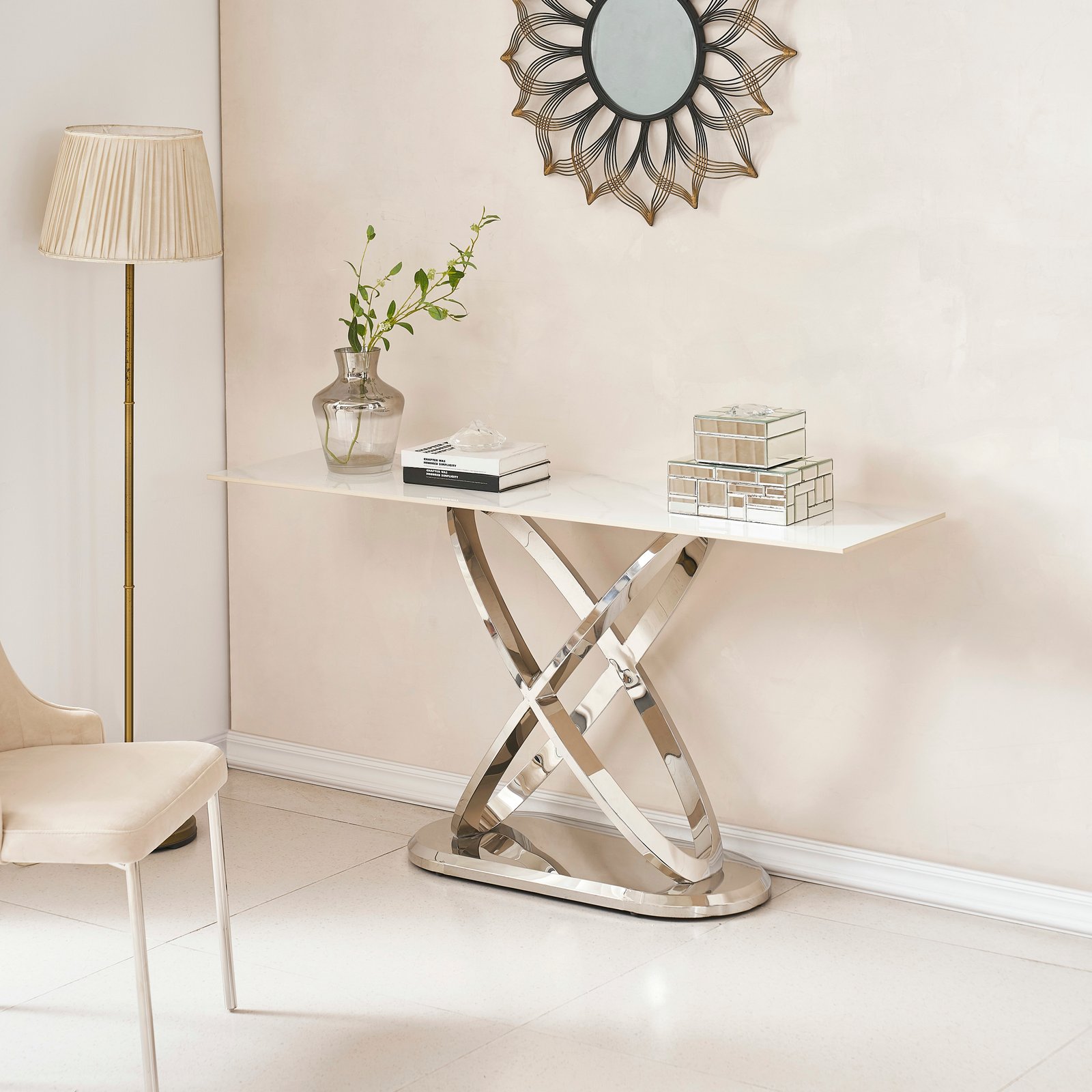 White Marble-Look Console Table with Sculptural Ribbon-Cross Pedestal