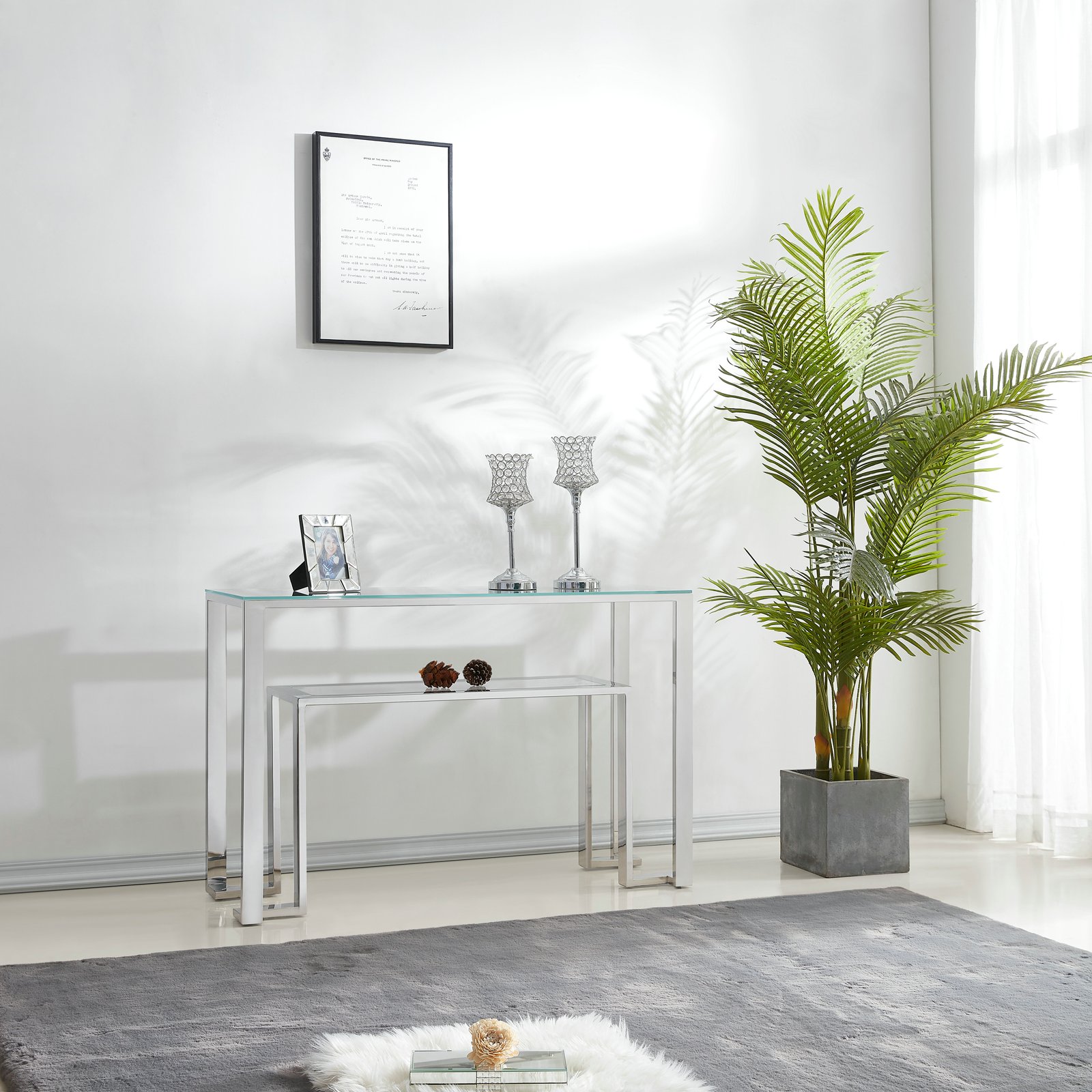 ​Nesting Glass Console Tables with Mirrored Rectangular Metal Frames