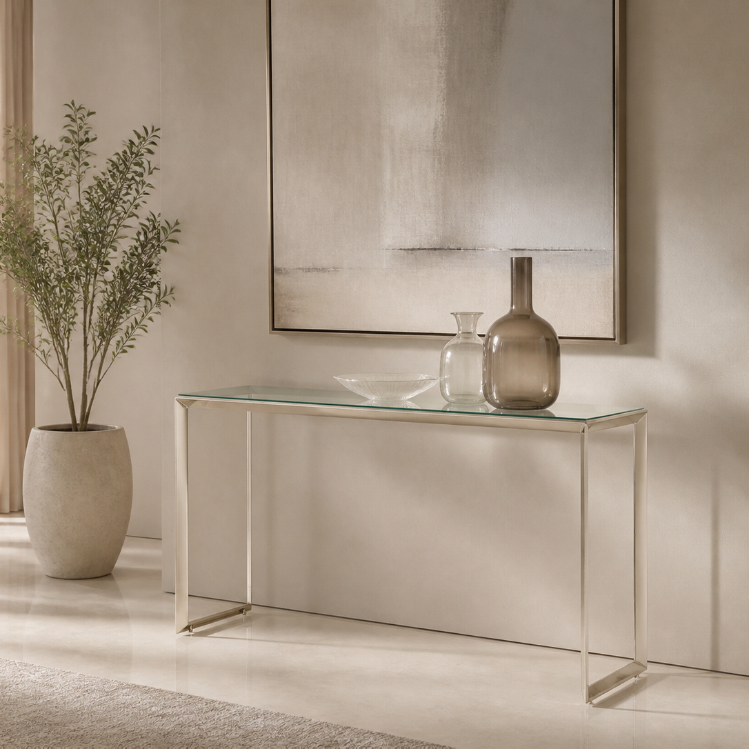 Slim Champagne Metal Console Table with Clear Glass Top and Open Frame