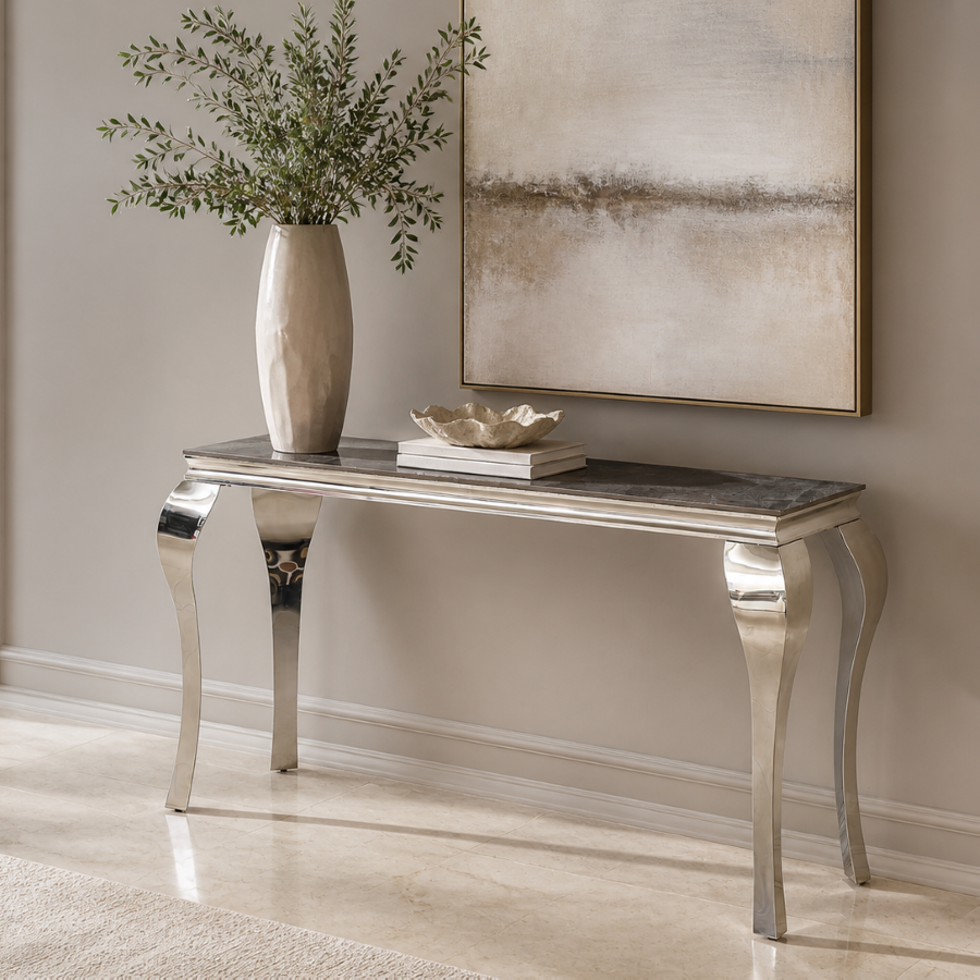 Gray Marble-Effect Console Table with Sculpted Chrome Legs
