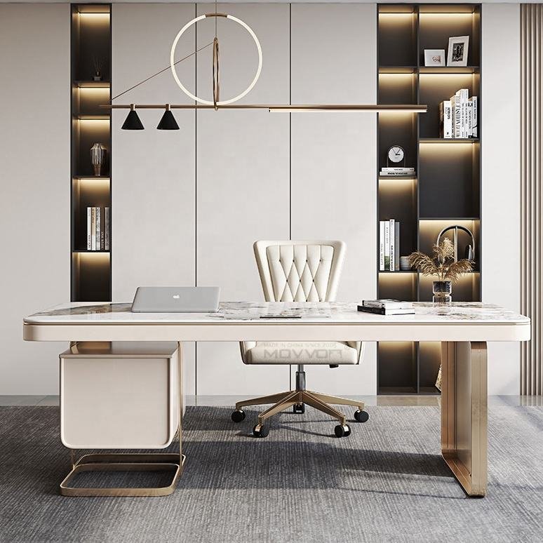 Marble Top Executive Office Desk with Gold Accent Storage Pedestal