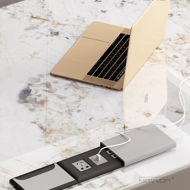 White Veined Office Desk with Built-In Power and Gold Metal Frame