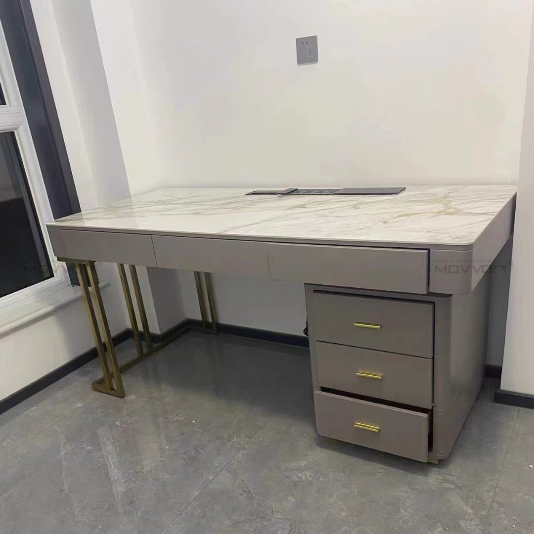 White Veined Office Desk with Built-In Power and Gold Metal Frame